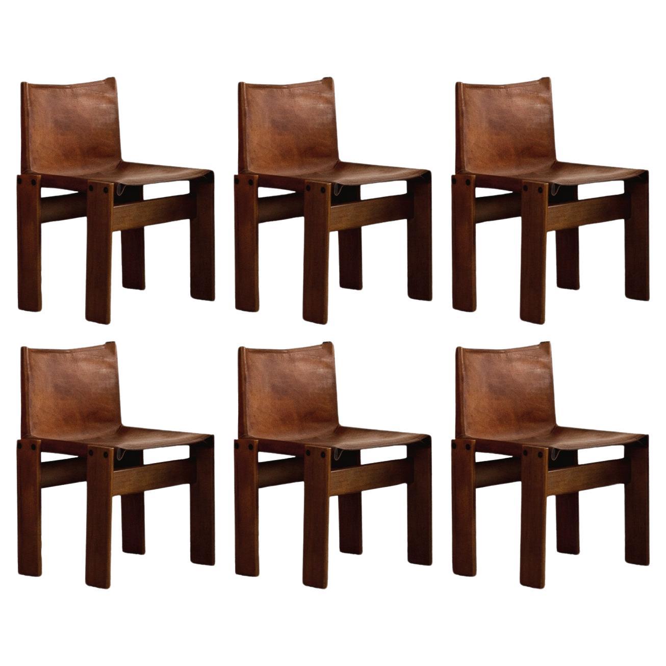 Afra & Tobia Scarpa "Monk" Chairs for Molteni, Cognac Leather, 1974, Set of 6