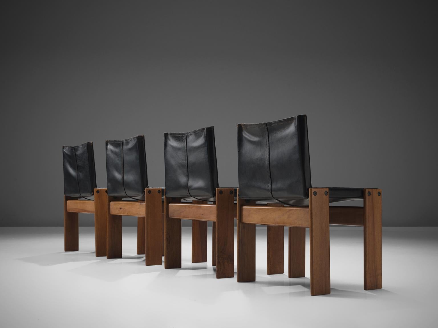Mid-Century Modern Afra & Tobia Scarpa 'Monk' Set of Four Chairs in Black Leather