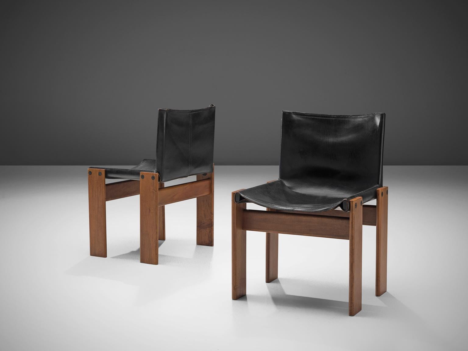 Italian Afra & Tobia Scarpa 'Monk' Set of Four Chairs in Black Leather