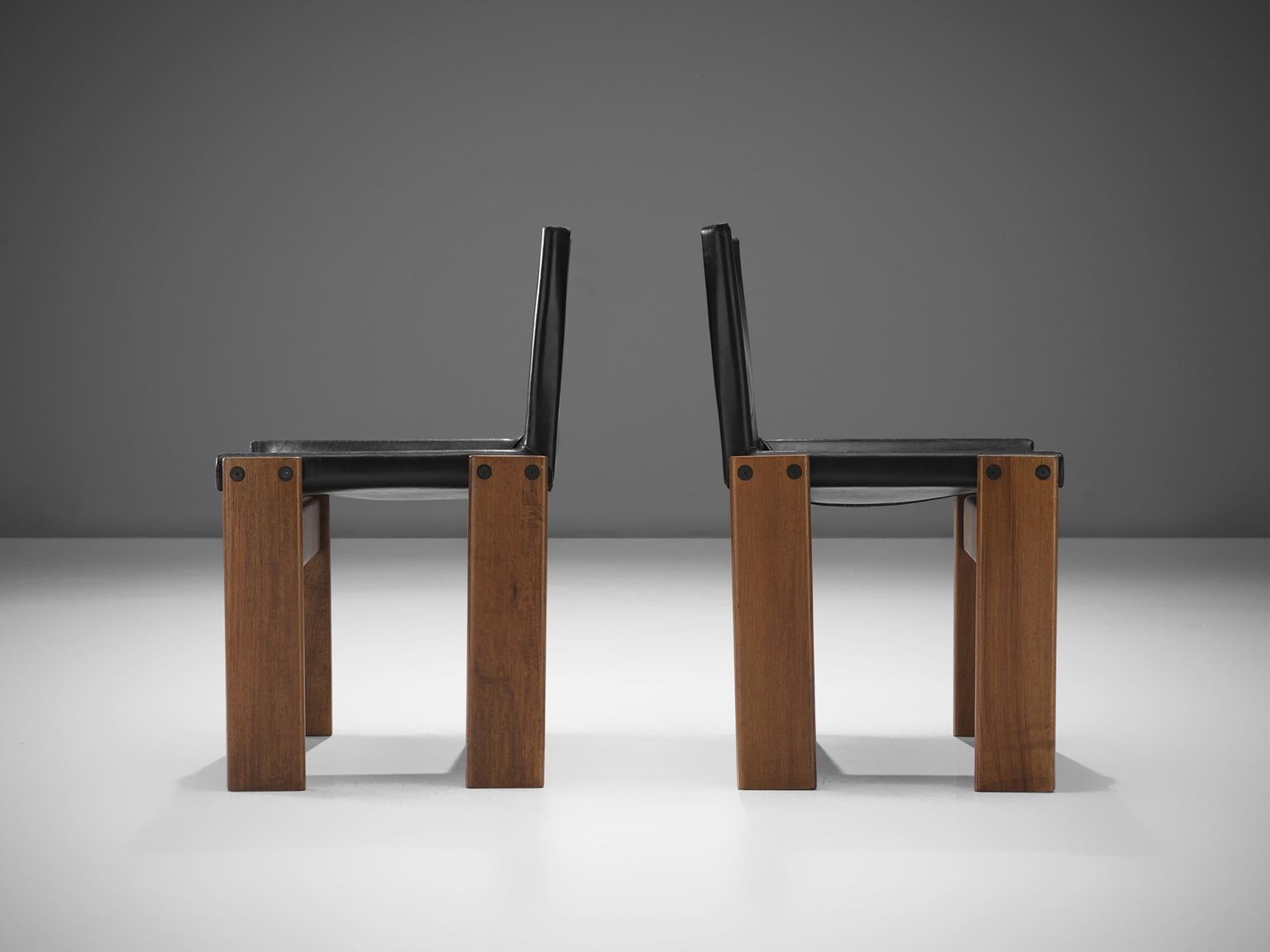 Patinated Afra & Tobia Scarpa 'Monk' Set of Four Chairs in Black Leather