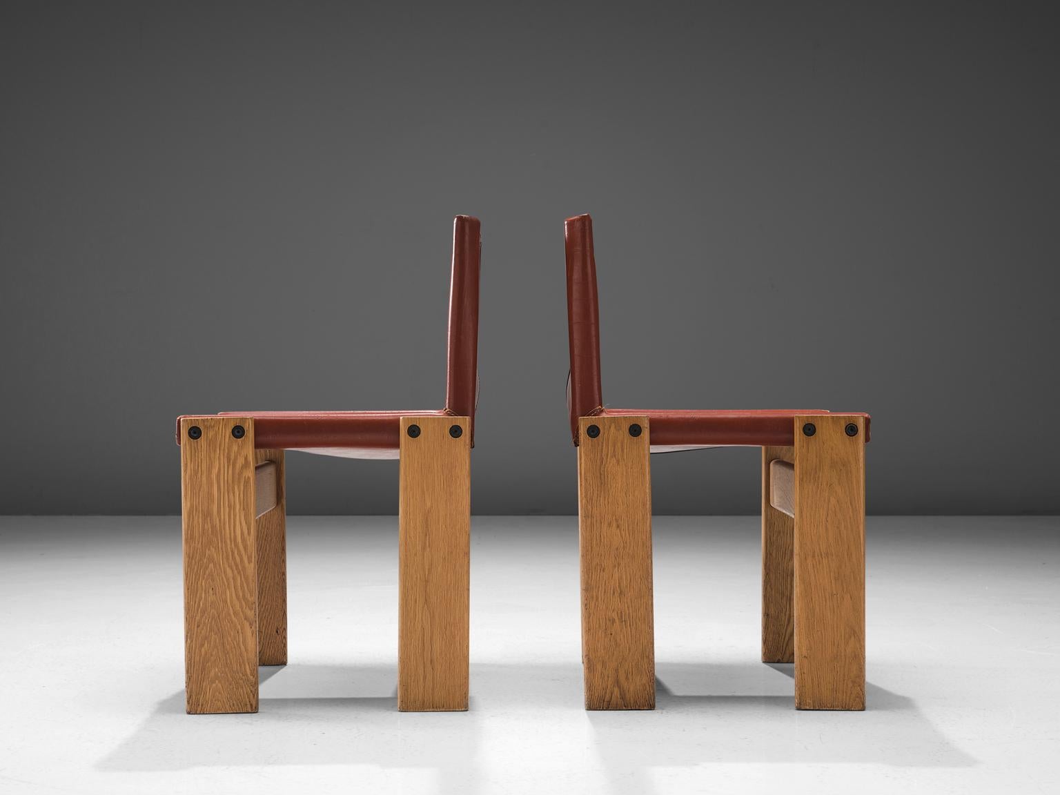 Patinated Afra & Tobia Scarpa 'Monk' Set of Four Chairs in Red Leather