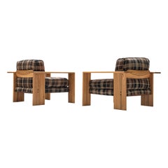 Afra & Tobia Scarpa Pair of 'Artona' Lounge Chairs in Elm and Checkered Fabric 