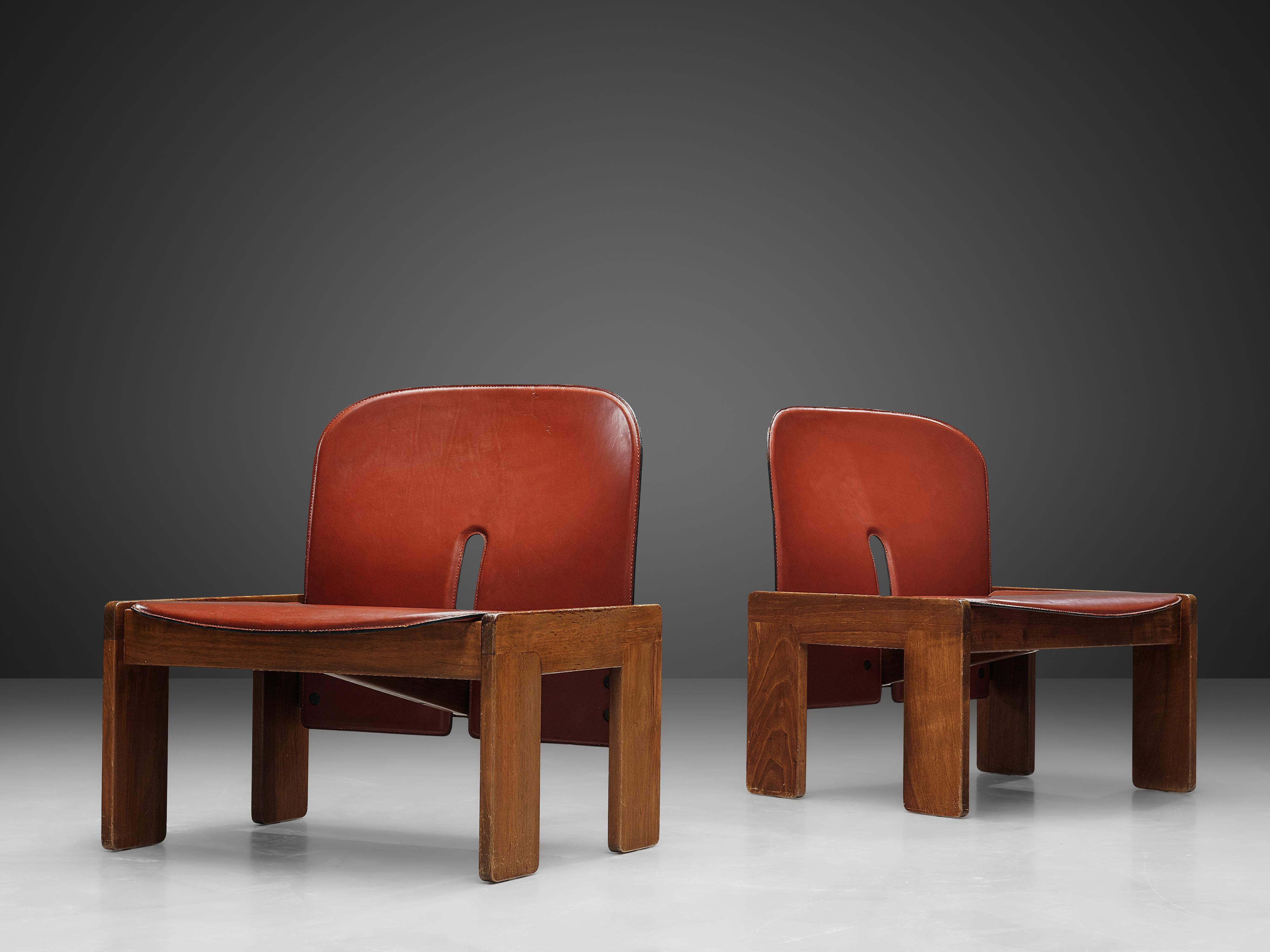 Italian Afra & Tobia Scarpa Pair of Lounge Chairs Model '925' in Walnut and Red Leather