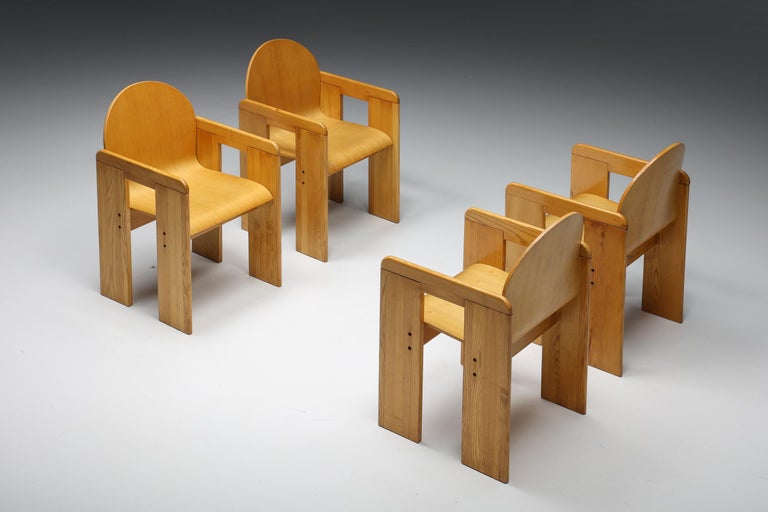 Mid-Century Modern Afra & Tobia Scarpa Plywood Dining Chairs, Italian Pine, 1970's For Sale