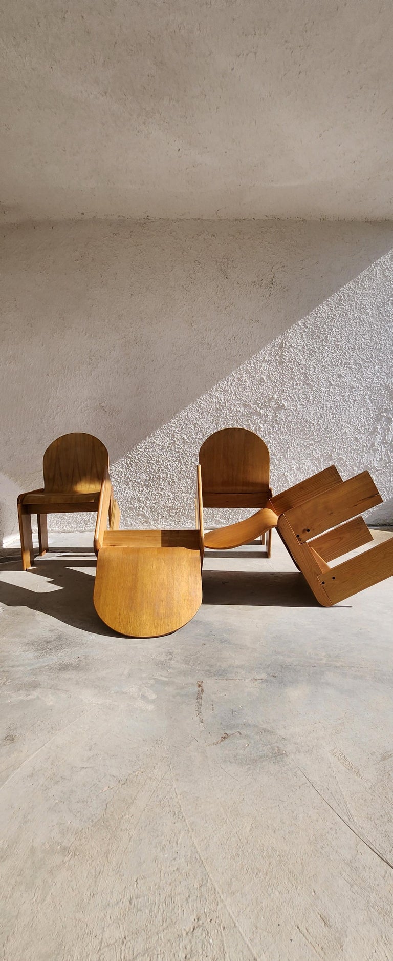 Very rare set of four plywood and pine chairs by Afra & Tobia Scarpa for Gavina 
The chairs are in their original condition, few scuffing and marks are there alongside a nice patina that if anything, attributes value to the piece. 
Upholstery of