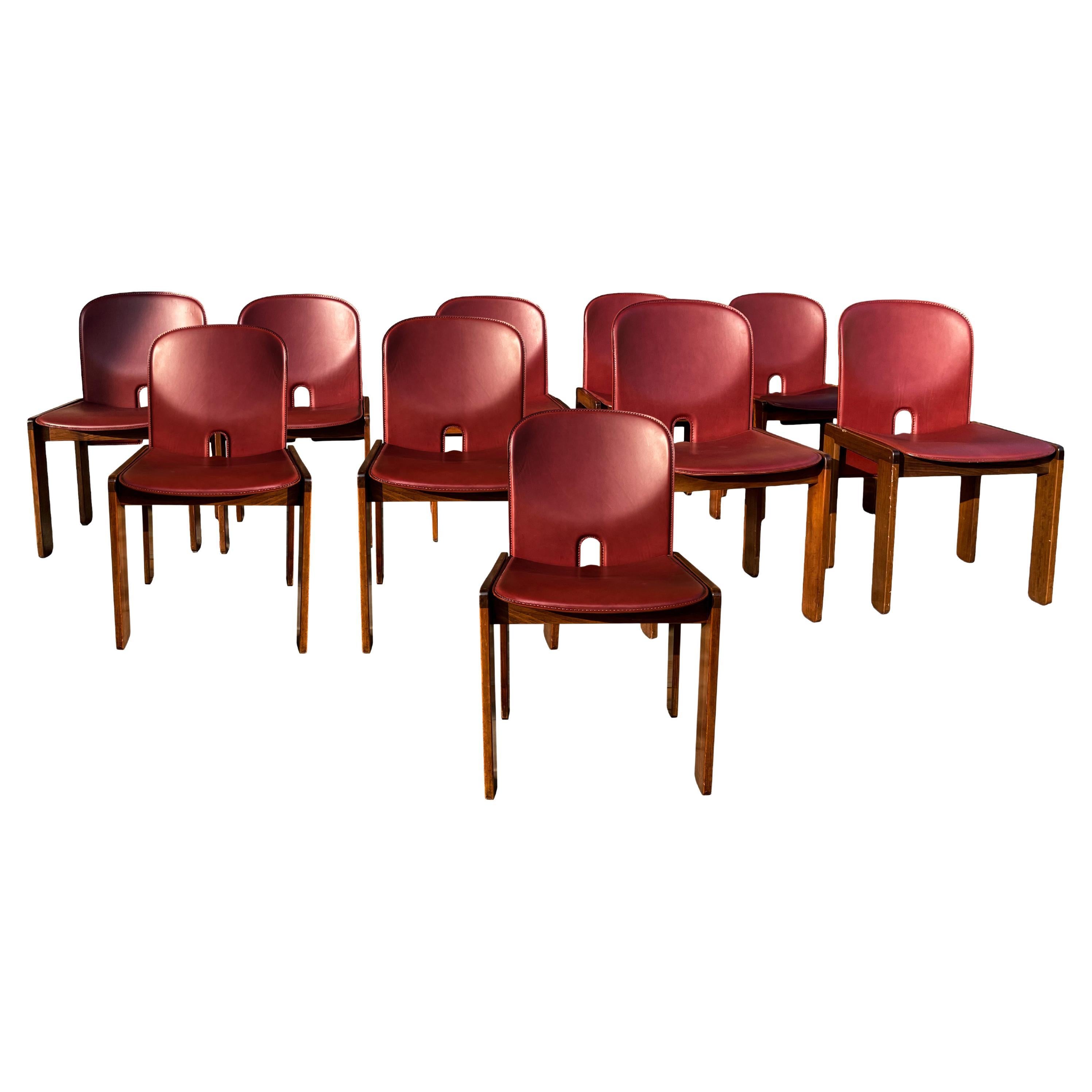 Afra & Tobia Scarpa Red Leather 121 Dining Chair for Cassina, 1967, Set of 10 For Sale