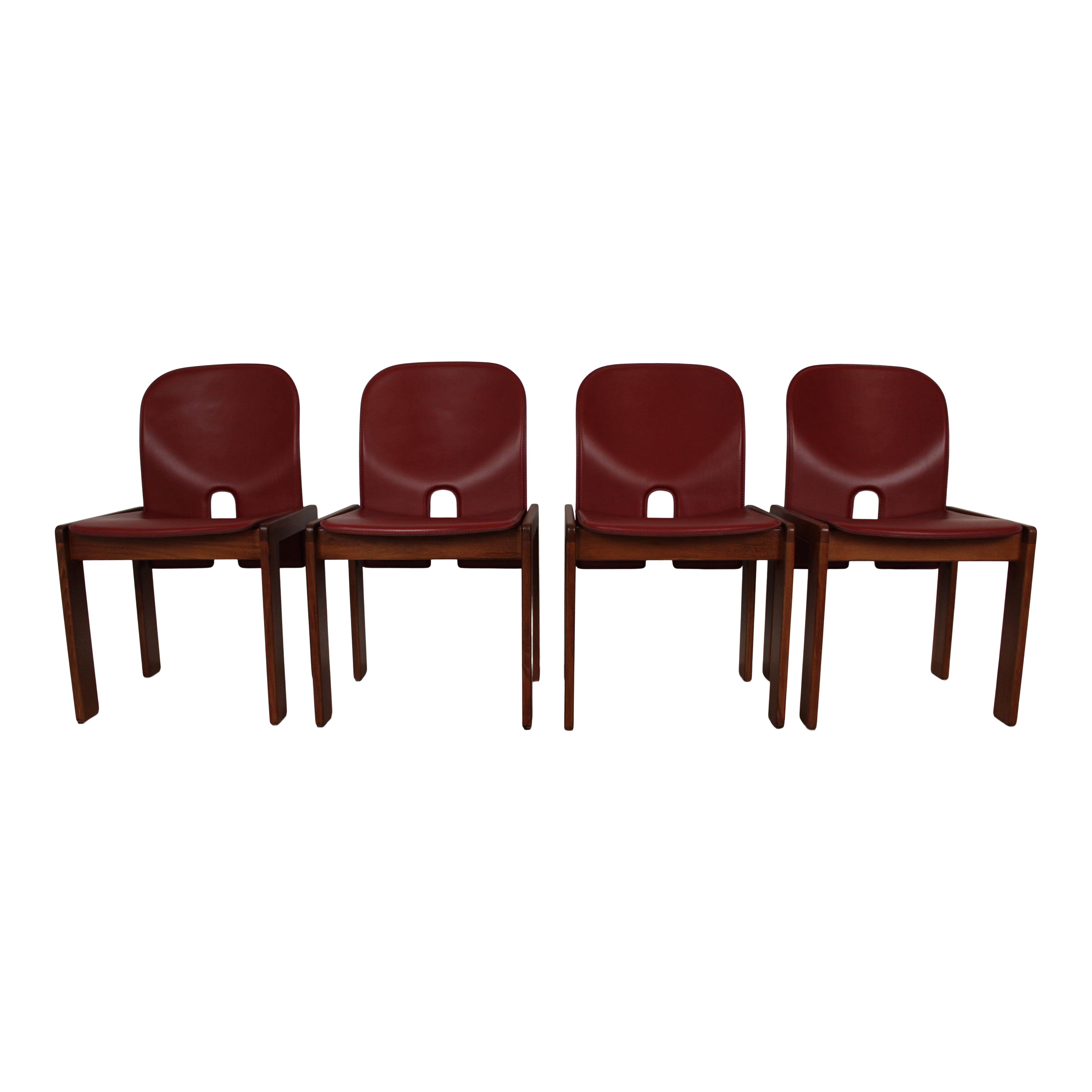Italian Afra & Tobia Scarpa Red Leather 121 Dining Chair for Cassina, 1967, Set of 4 For Sale