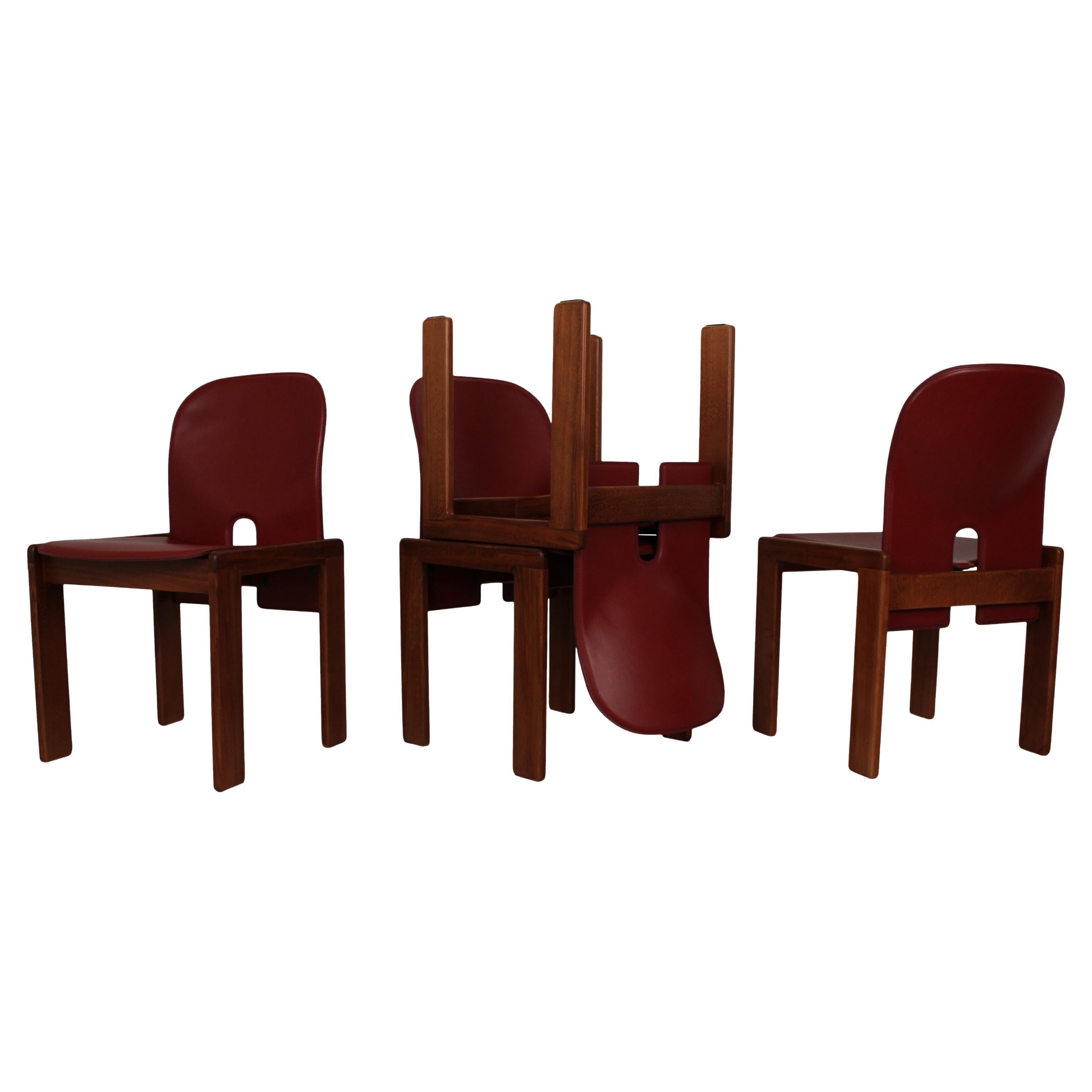 Afra & Tobia Scarpa Red Leather 121 Dining Chair for Cassina, 1967, Set of 4 For Sale