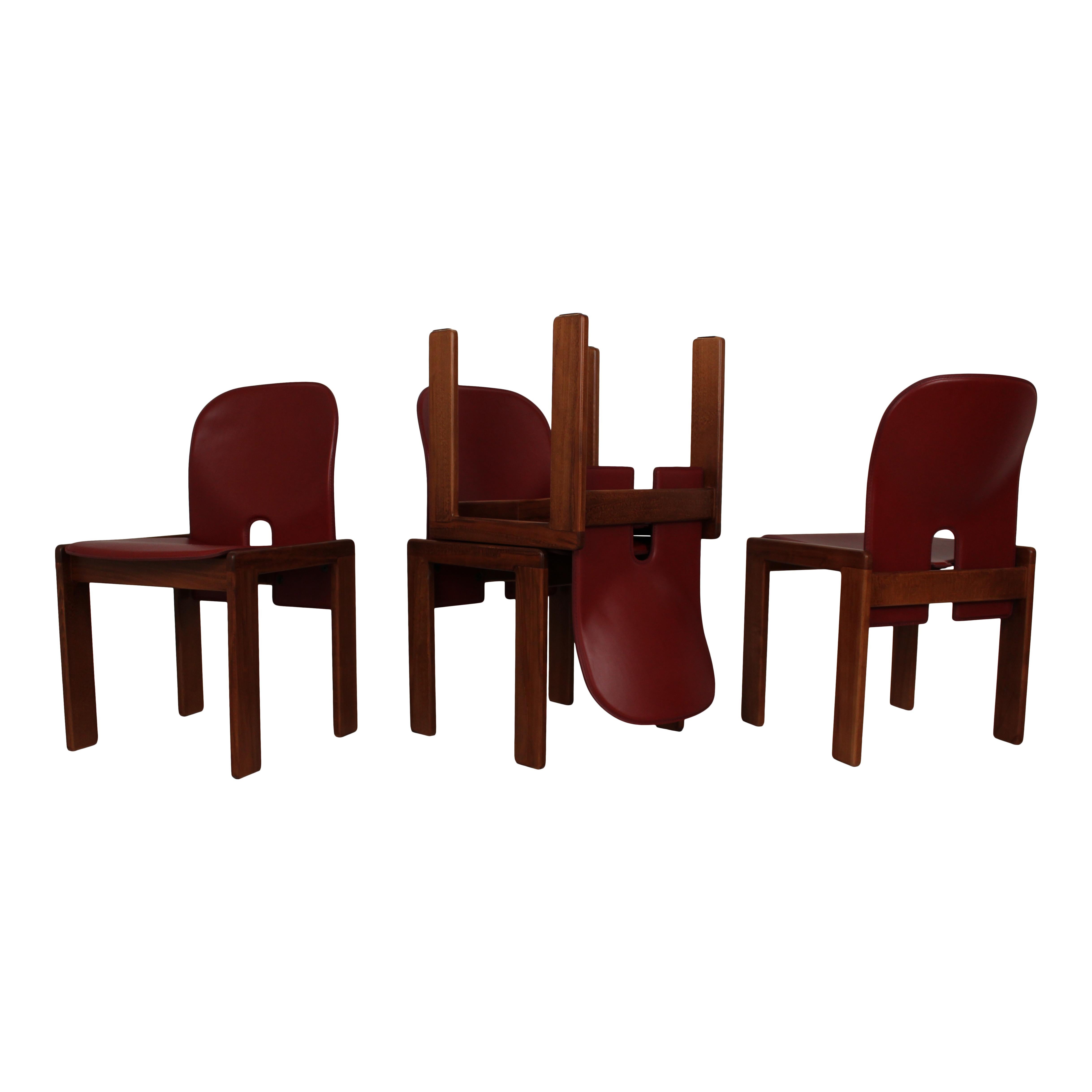 Afra & Tobia Scarpa Red Leather 121 Dining Chair for Cassina, 1967, Set of 6 In Good Condition For Sale In Vicenza, IT