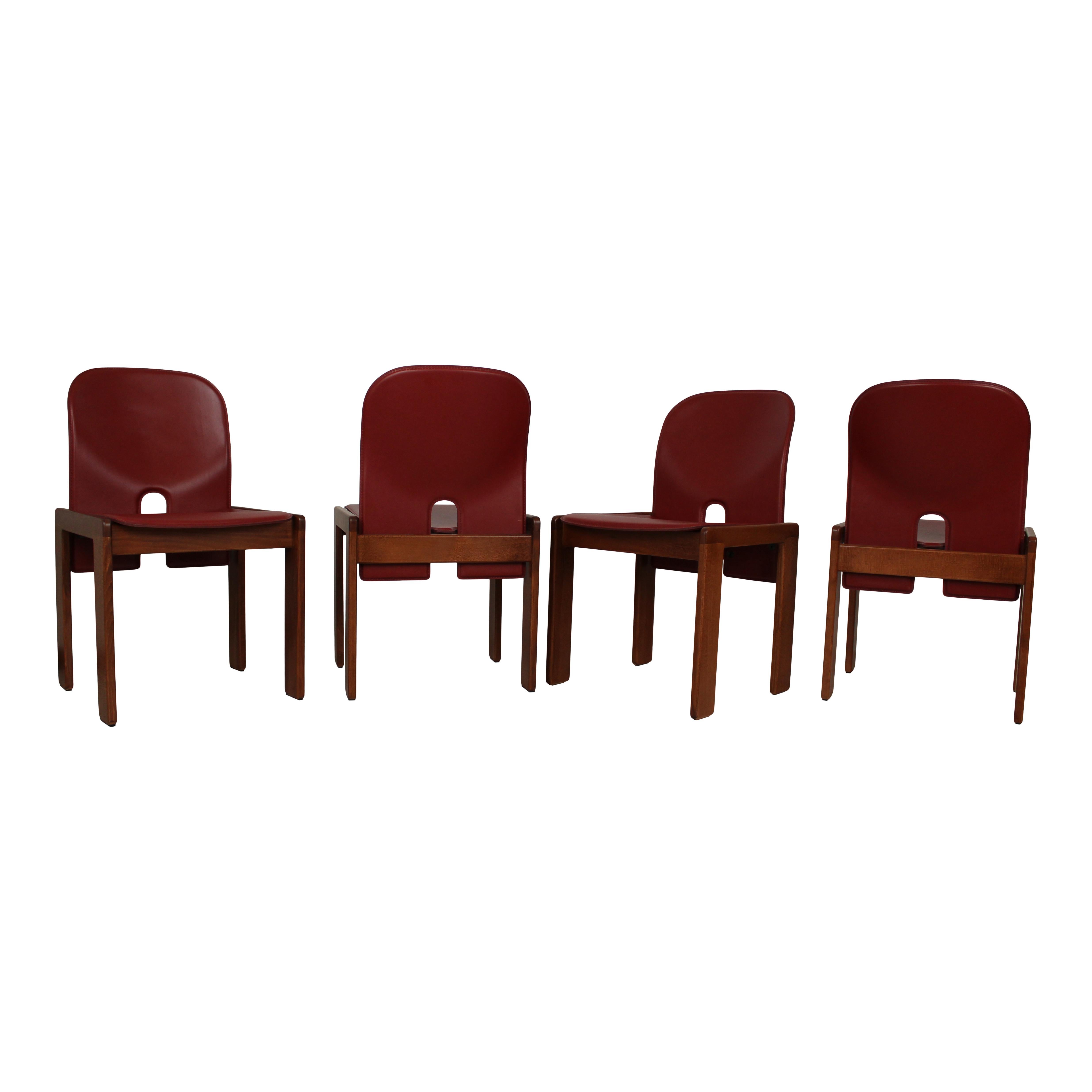 Mid-Century Modern Afra & Tobia Scarpa Red Leather 121 Dining Chair for Cassina, 1967, Set of 8