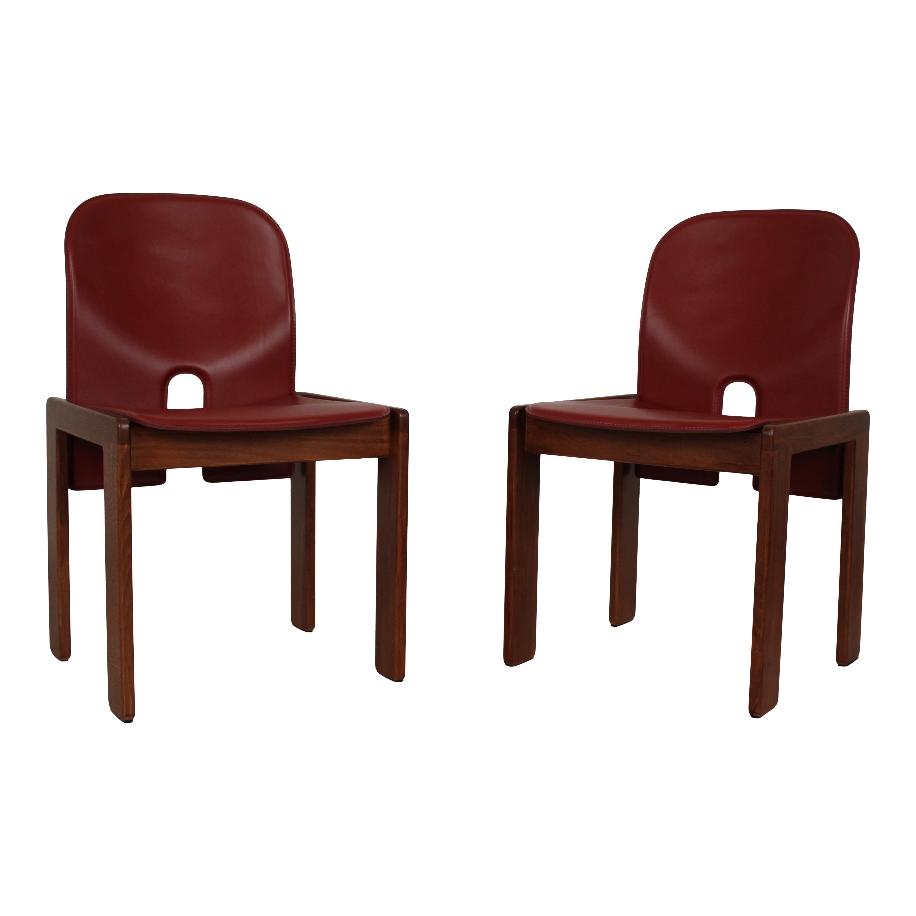 Pelle Afra & Tobia Scarpa Red Leather 121 Dining Chair for Cassina, 1967, Set of 8 in vendita