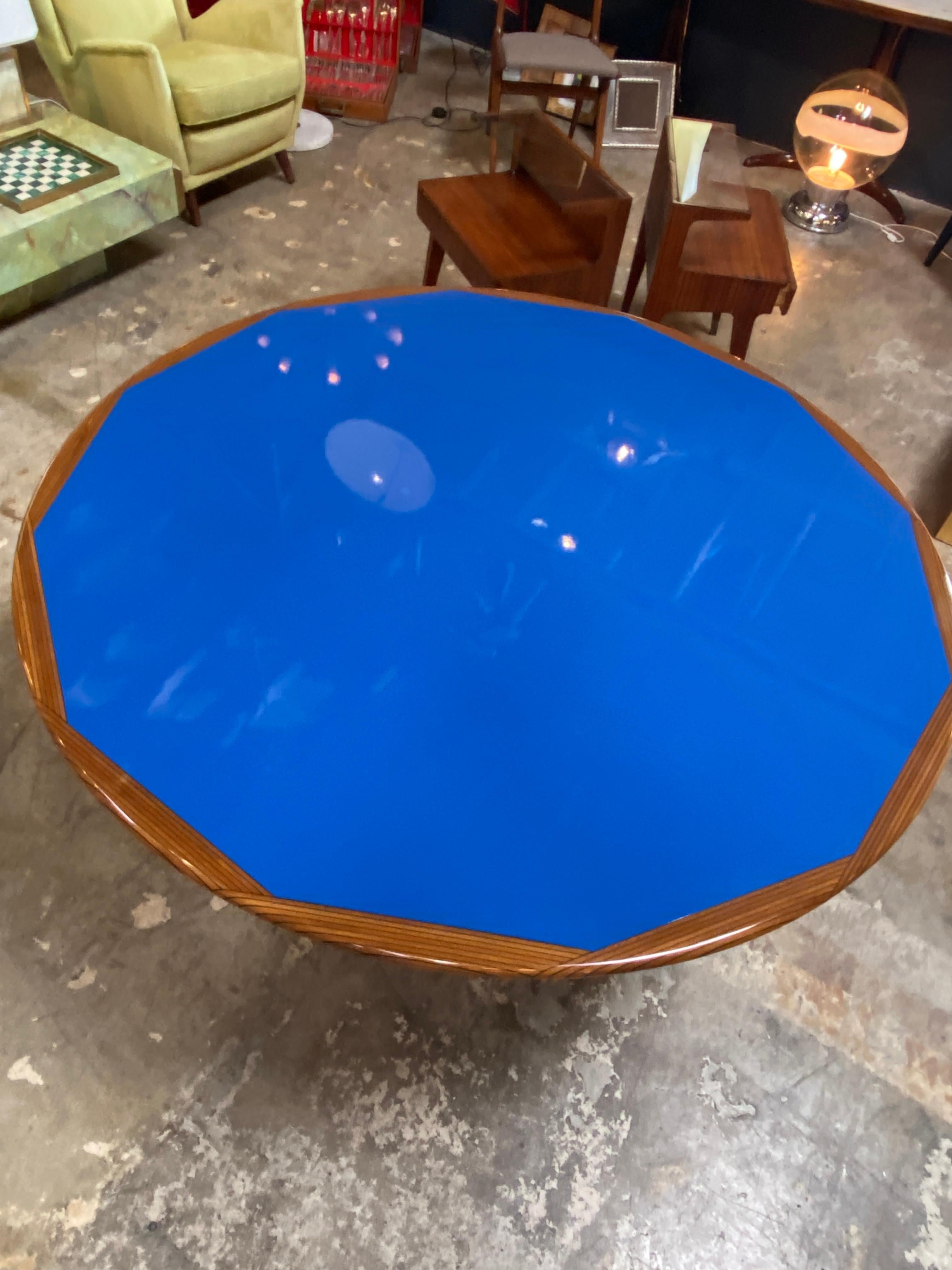 Mid-Century Modern Afra & Tobia Scarpa Round Dining Blue and Wood Table, Italy, 1970s