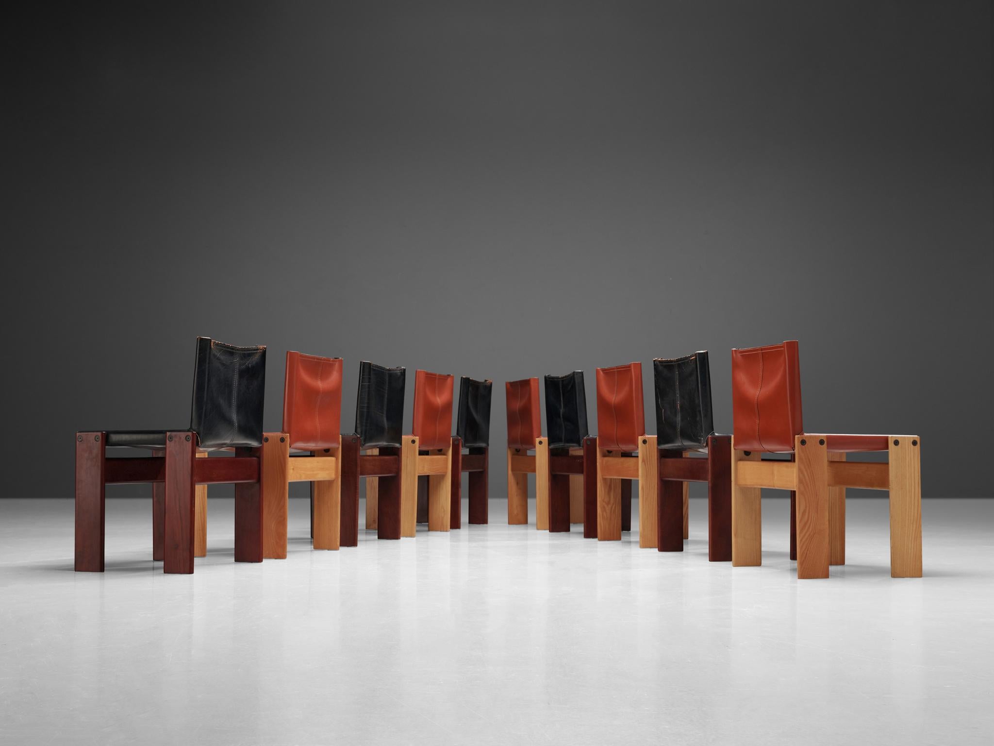 Afra & Tobia Scarpa for Molteni, set of 10 'Monk' dining chairs, lacquered wood, ash, black and red leather, Italy, 1974 

The wonderfully deep black and red leather forms a striking combination with the ash and lacquered wood. Interesting is the