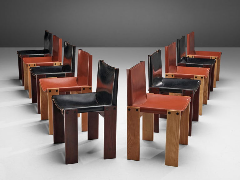 Mid-Century Modern Afra & Tobia Scarpa Set of 10 'Monk' Dining Chairs in Black and Red Leather