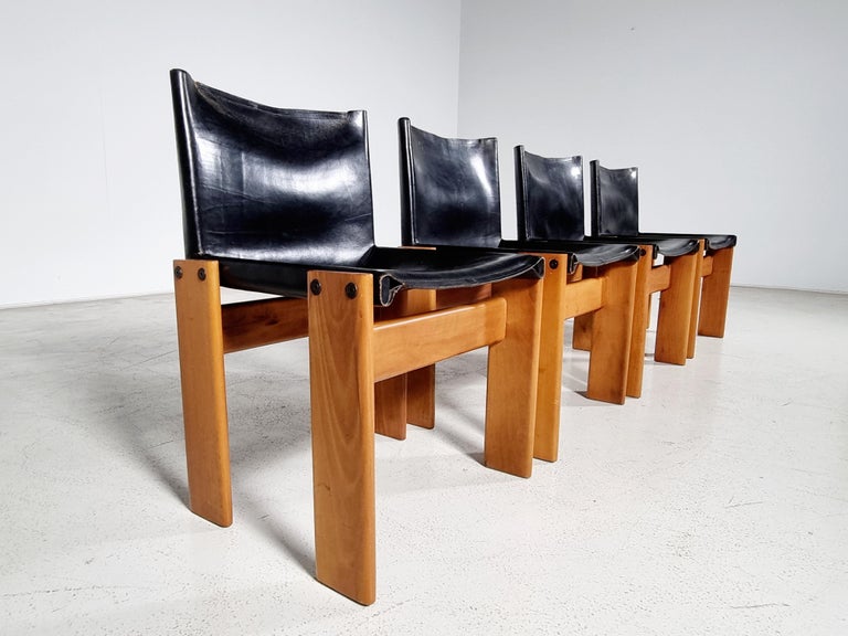 Mid-Century Modern Afra & Tobia Scarpa Set of 4 'Monk' Dining Chairs in Black Leather, 1970s