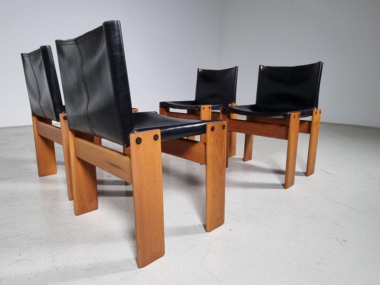 20th Century Afra & Tobia Scarpa Set of 4 'Monk' Dining Chairs in Black Leather, 1970s