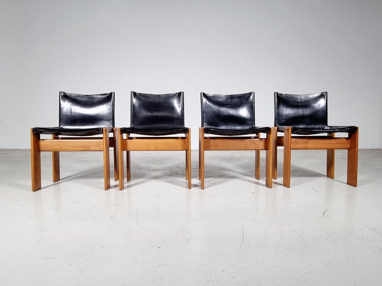 Afra & Tobia Scarpa Set of 4 'Monk' Dining Chairs in Black Leather, 1970s 1