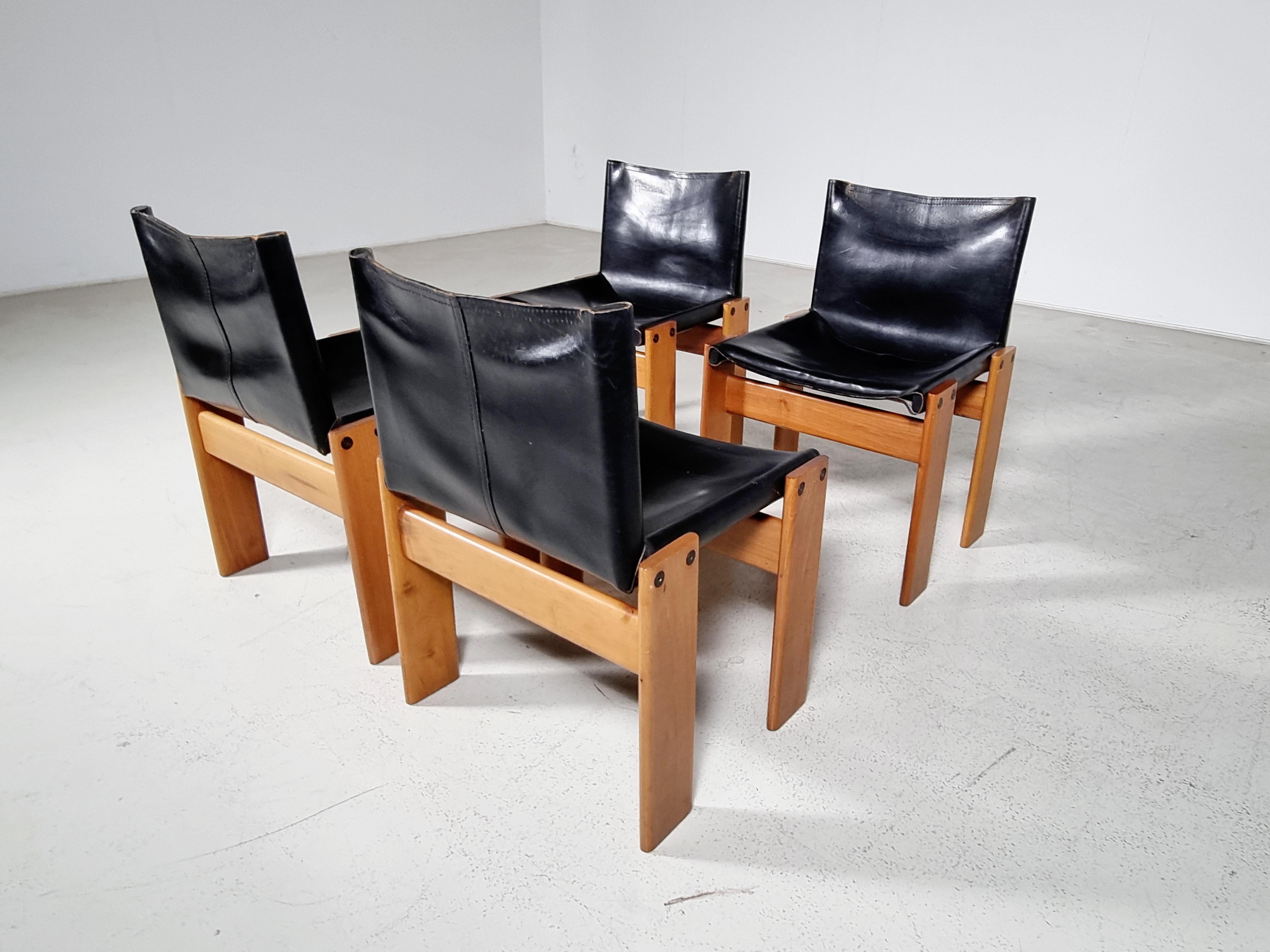 Afra & Tobia Scarpa Set of 4 'Monk' Dining Chairs in Black Leather, 1970s 2