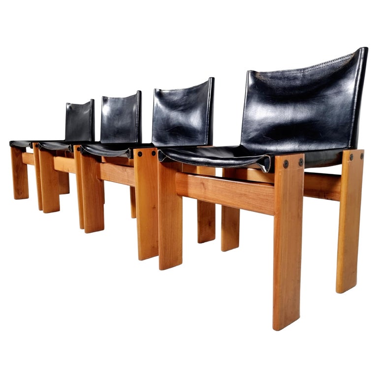 Afra & Tobia Scarpa Set of 4 'Monk' Dining Chairs in Black Leather, 1970s