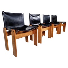 Afra & Tobia Scarpa Set of 4 'Monk' Dining Chairs in Black Leather, 1970s
