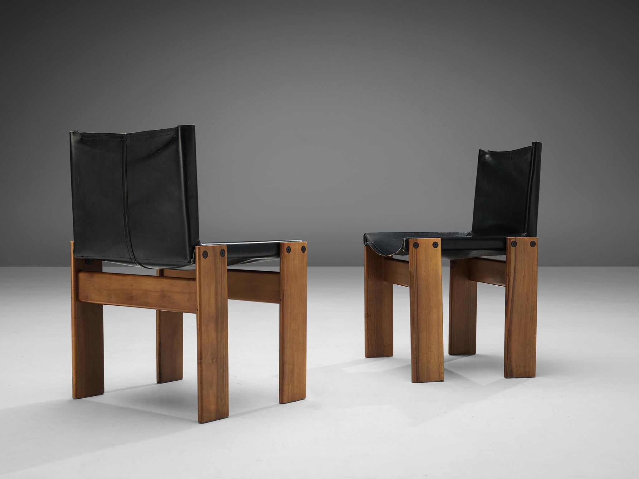 Mid-Century Modern Afra & Tobia Scarpa Set of Eight 'Monk' Dining Chairs in Black and Brown Leather