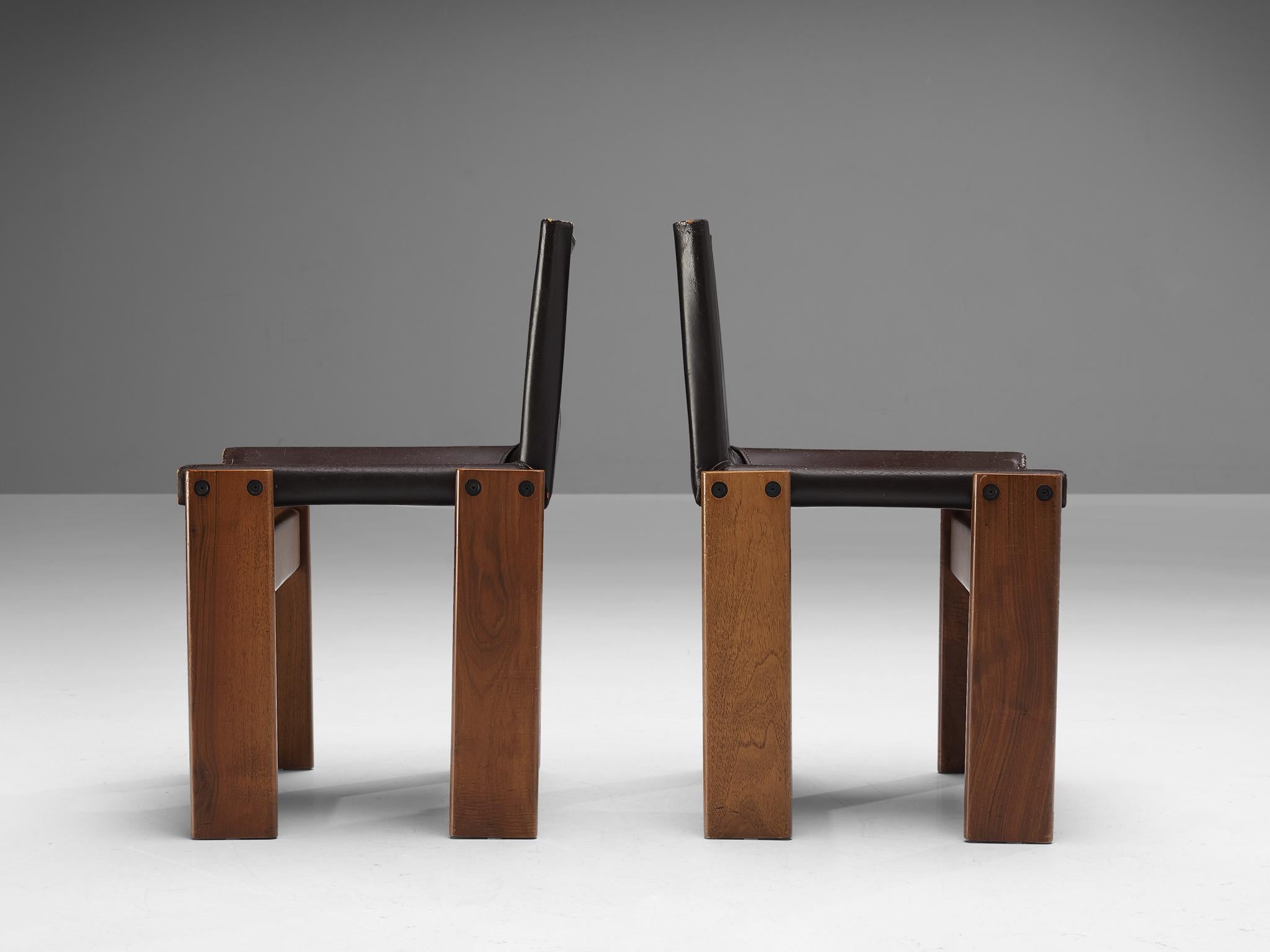 Italian Afra & Tobia Scarpa Set of Eight 'Monk' Dining Chairs in Black and Brown Leather