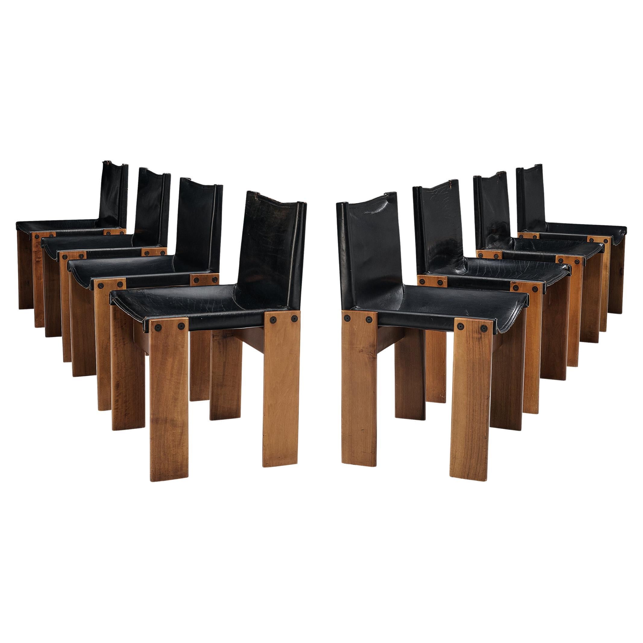 Afra & Tobia Scarpa Set of Eight 'Monk' Dining Chairs in Black Leather