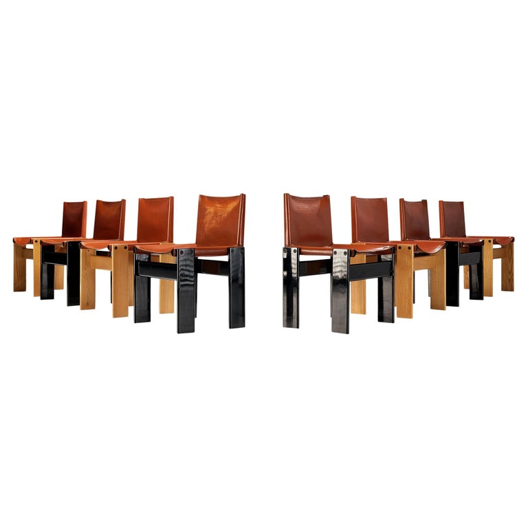 Afra & Tobia Scarpa for Molteni, set of eight 'Monk' dining chairs, ash, black lacquered wood and cognac leather, Italy, 1974.

Set of eight 'Monk' chairs with a striking combination of ash and black lacquered wooden frames. The wonderfully