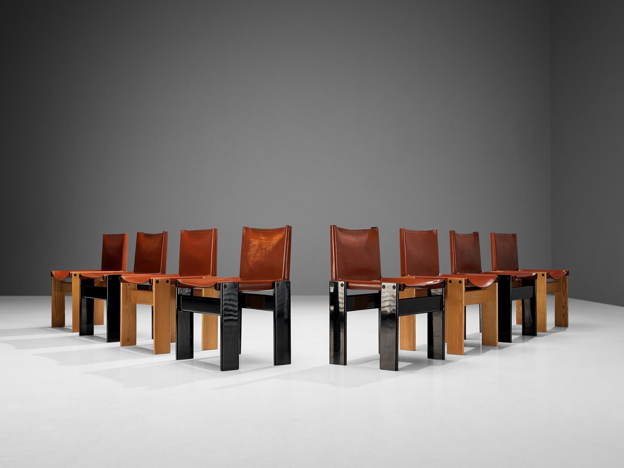 Italian Afra & Tobia Scarpa Set of Eight 'Monk' Dining Chairs in Leather and Ash  For Sale