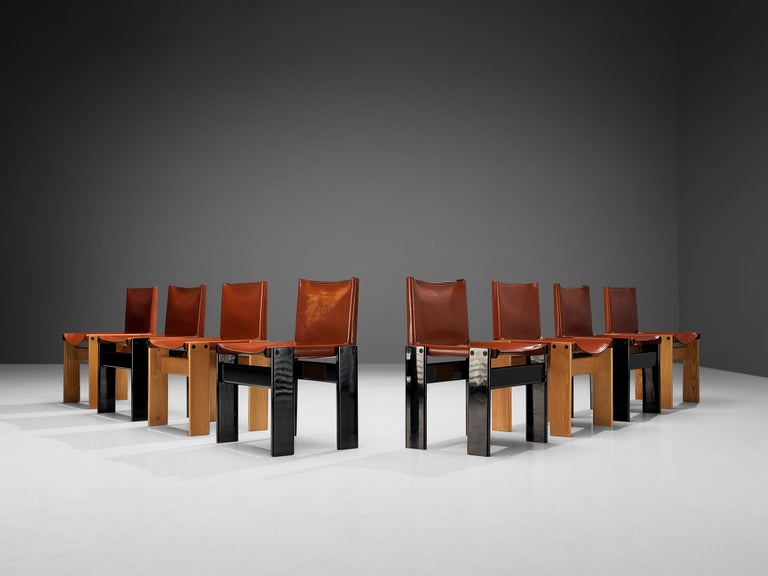 Mid-Century Modern Afra & Tobia Scarpa Set of Eight 'Monk' Dining Chairs in Leather and Ash