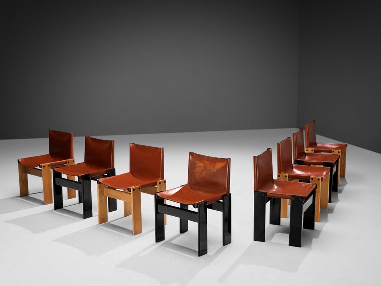 Afra & Tobia Scarpa Set of Eight 'Monk' Dining Chairs in Leather and Ash 1
