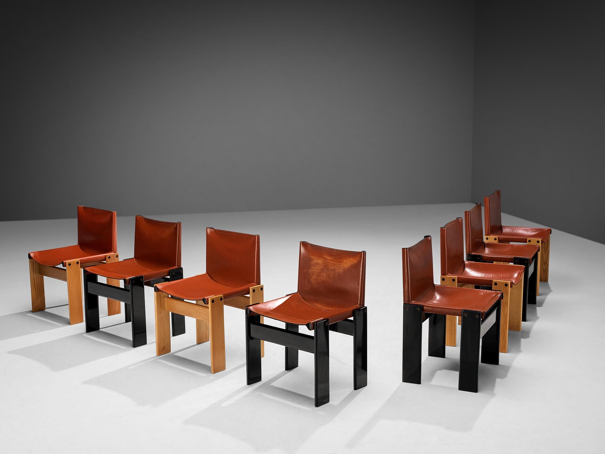 Afra & Tobia Scarpa for Molteni, set of eight 'Monk' dining chairs, ash, black lacquered wood and cognac leather, Italy, 1974.

Set of eight 'Monk' chairs with a striking combination of ash and black lacquered wooden frames. The wonderfully