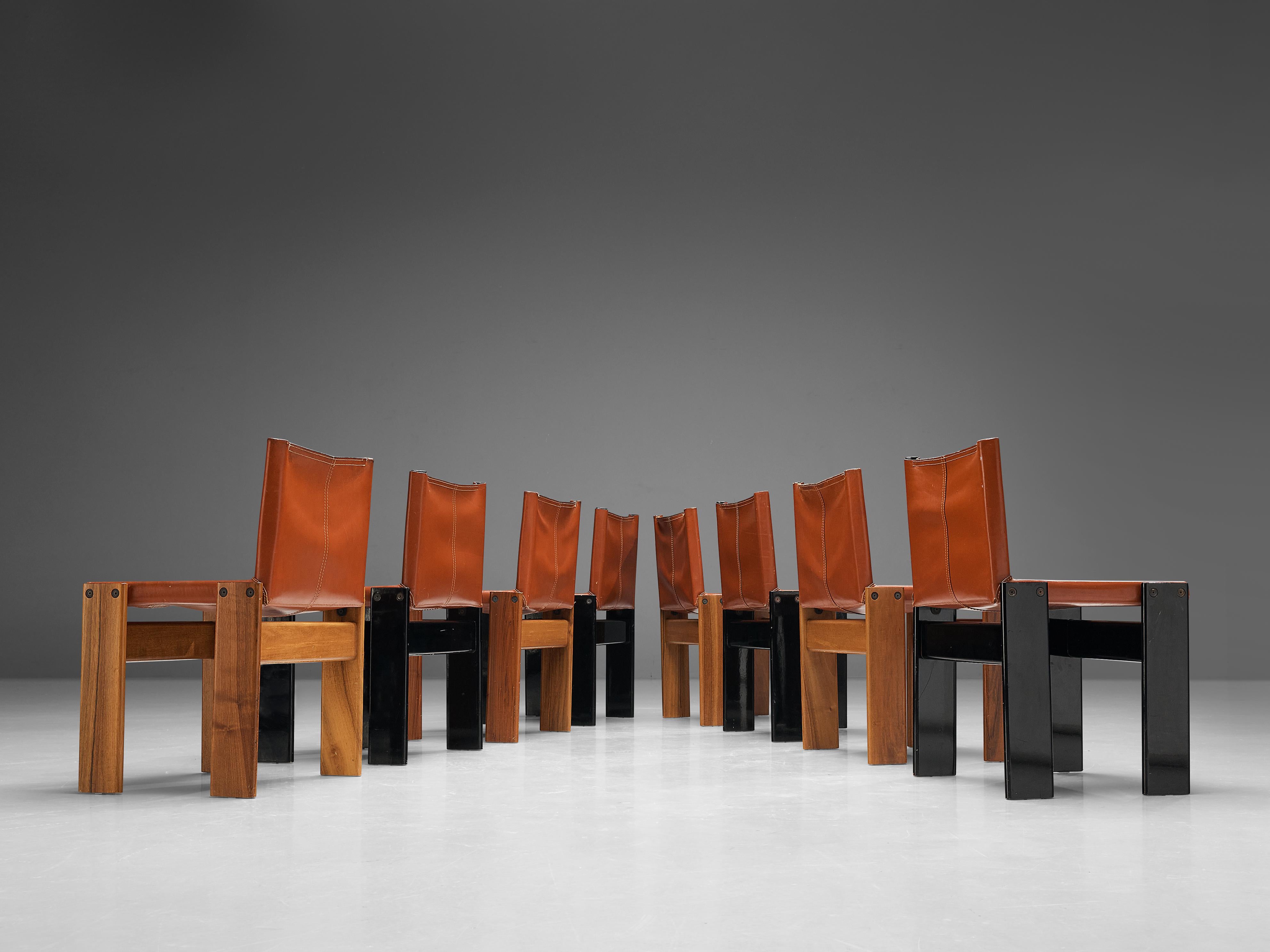 Mid-Century Modern Afra & Tobia Scarpa Set of Eight 'Monk' Dining Chairs in Leather and Walnut