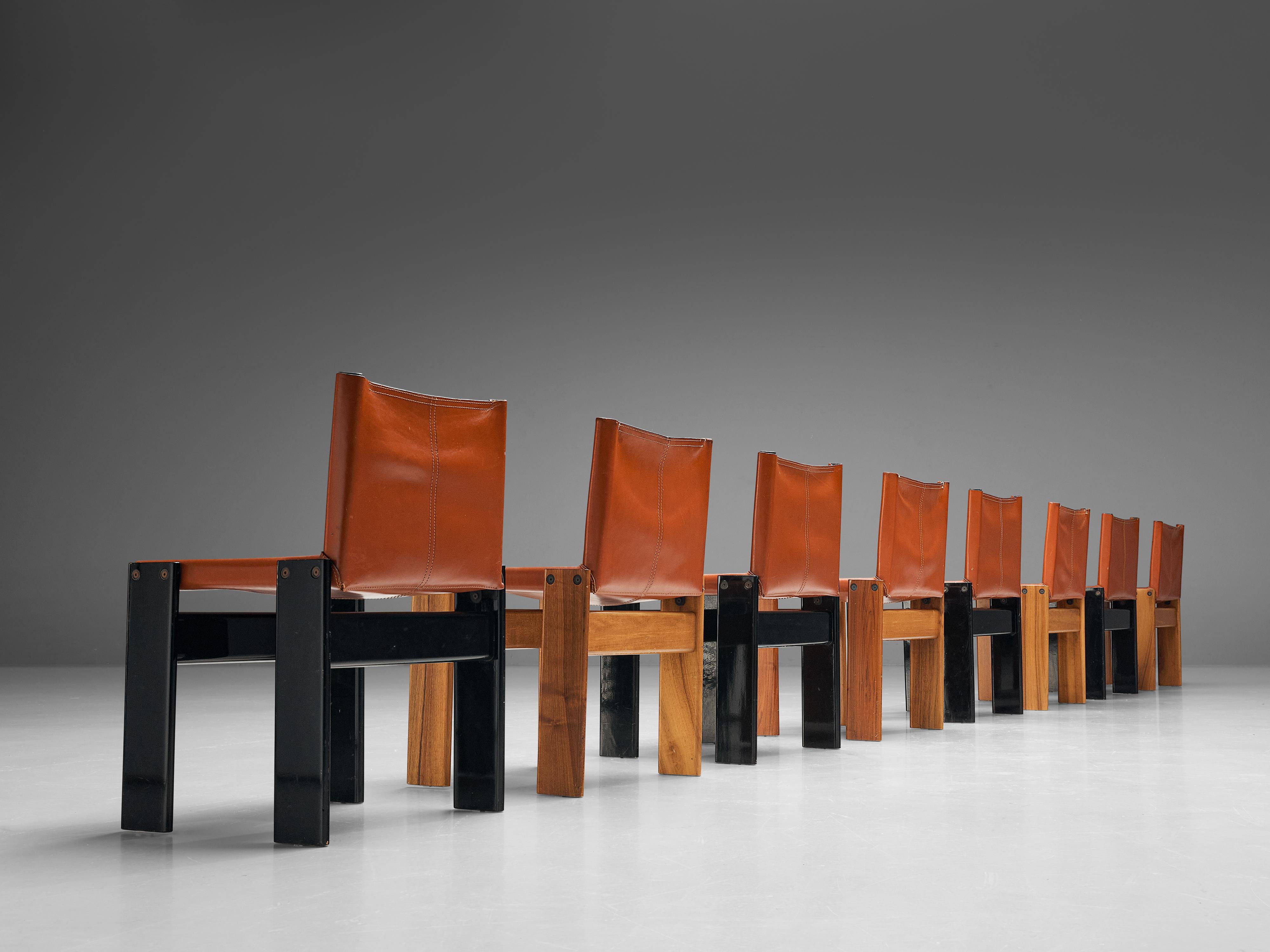 Italian Afra & Tobia Scarpa Set of Eight 'Monk' Dining Chairs in Leather and Walnut
