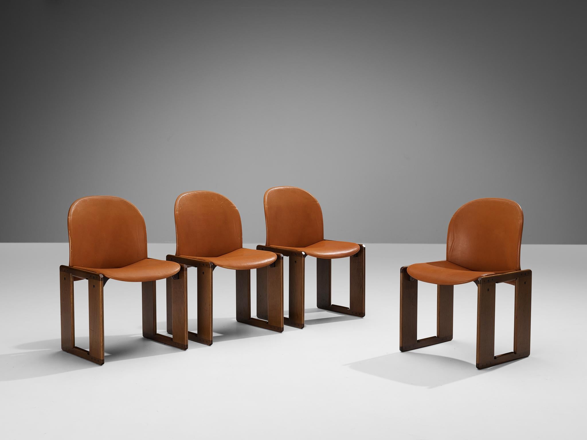 Italian Afra & Tobia Scarpa Set of Four 'Dialogo' Dining Chairs in Cognac Leather
