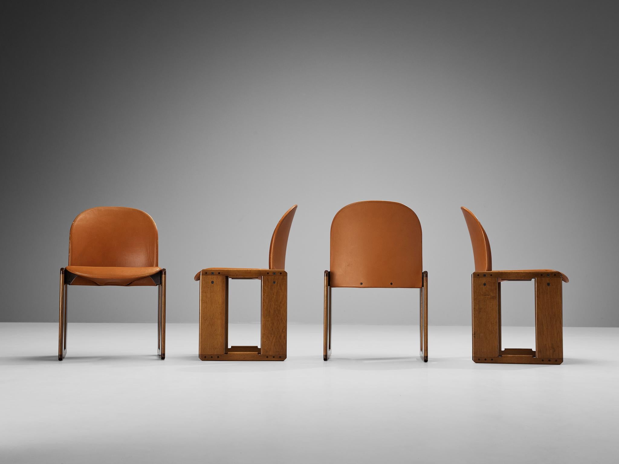 Metal Afra & Tobia Scarpa Set of Four 'Dialogo' Dining Chairs in Cognac Leather