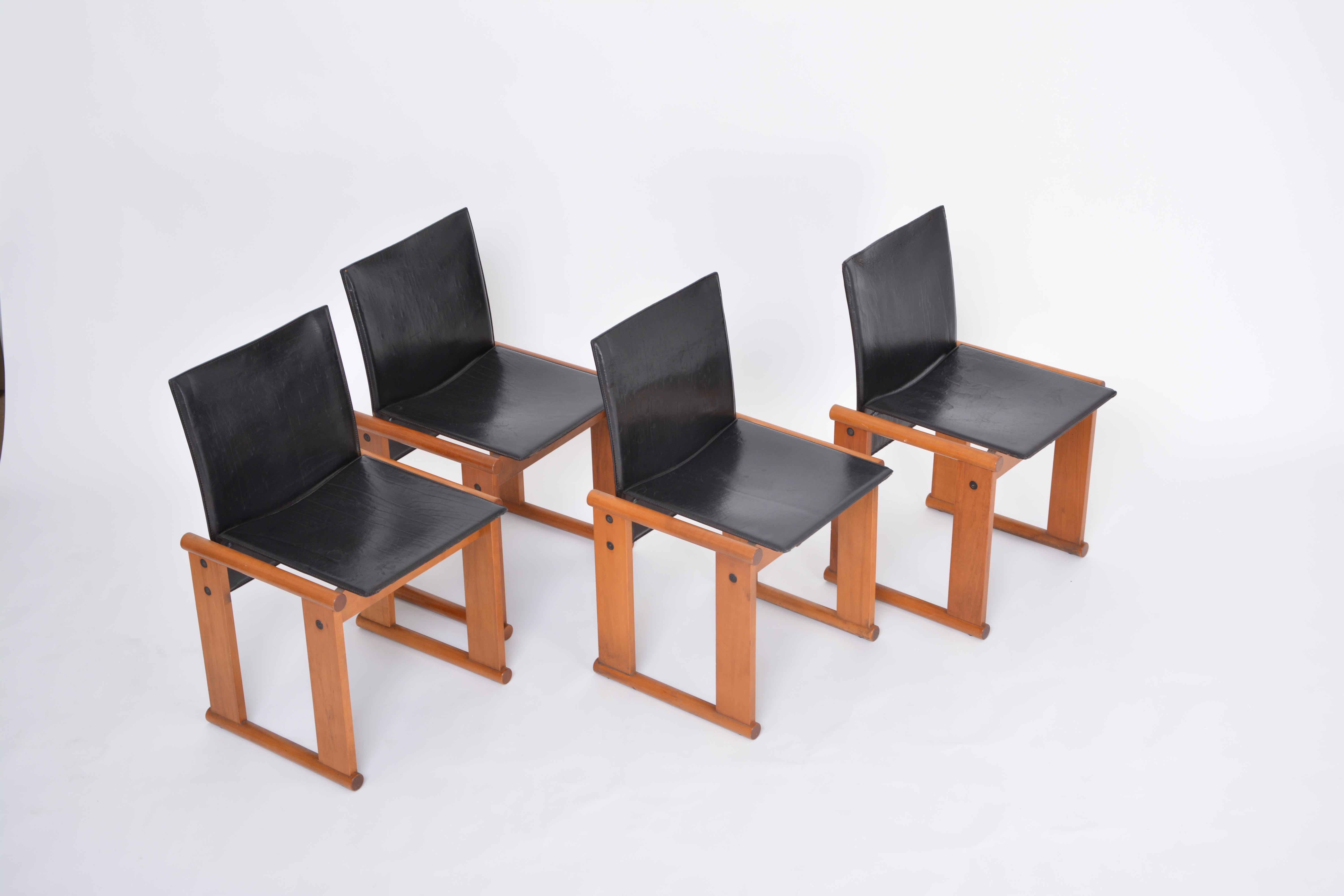 Italian Afra & Tobia Scarpa Set of Four Dining Chairs in Black Leather