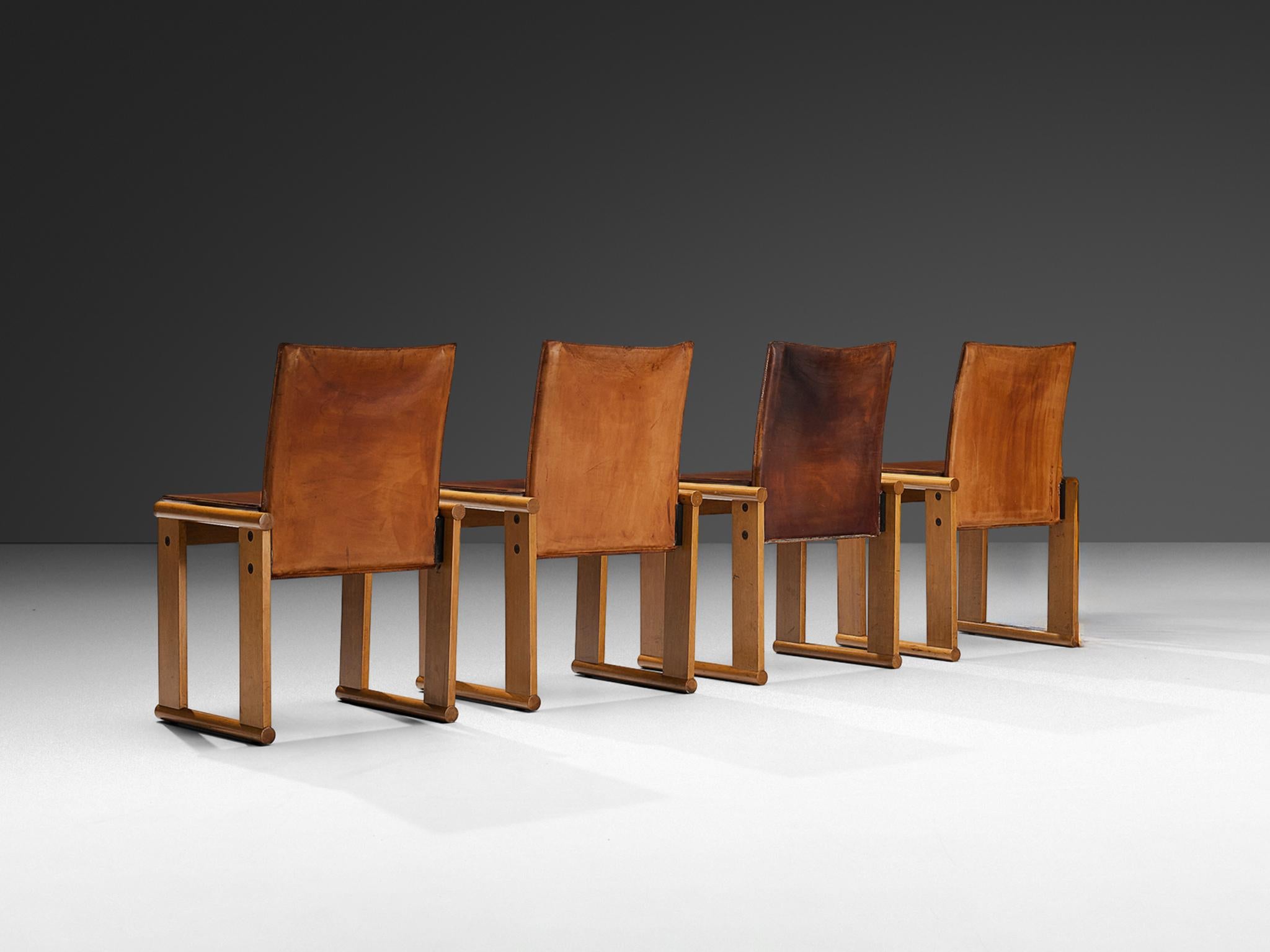Afra & Tobia Scarpa Set of Four Dining Chairs in Walnut and Cognac Leather 4