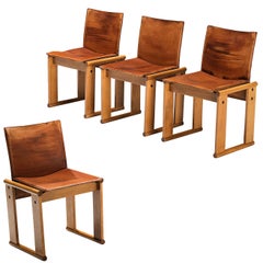 Afra & Tobia Scarpa Set of Four Dining Chairs in Walnut and Cognac Leather