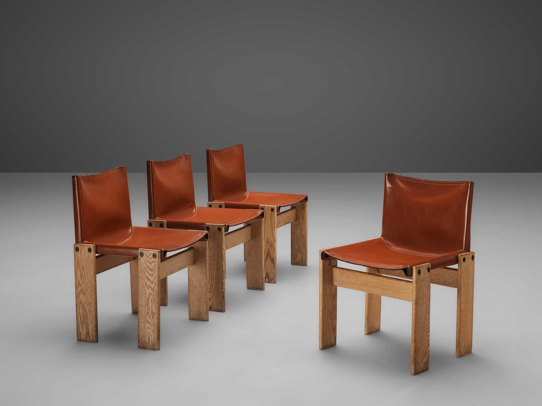 Mid-Century Modern Afra & Tobia Scarpa Set of Four 'Monk' Dining Chairs in Red Leather and Ash  For Sale