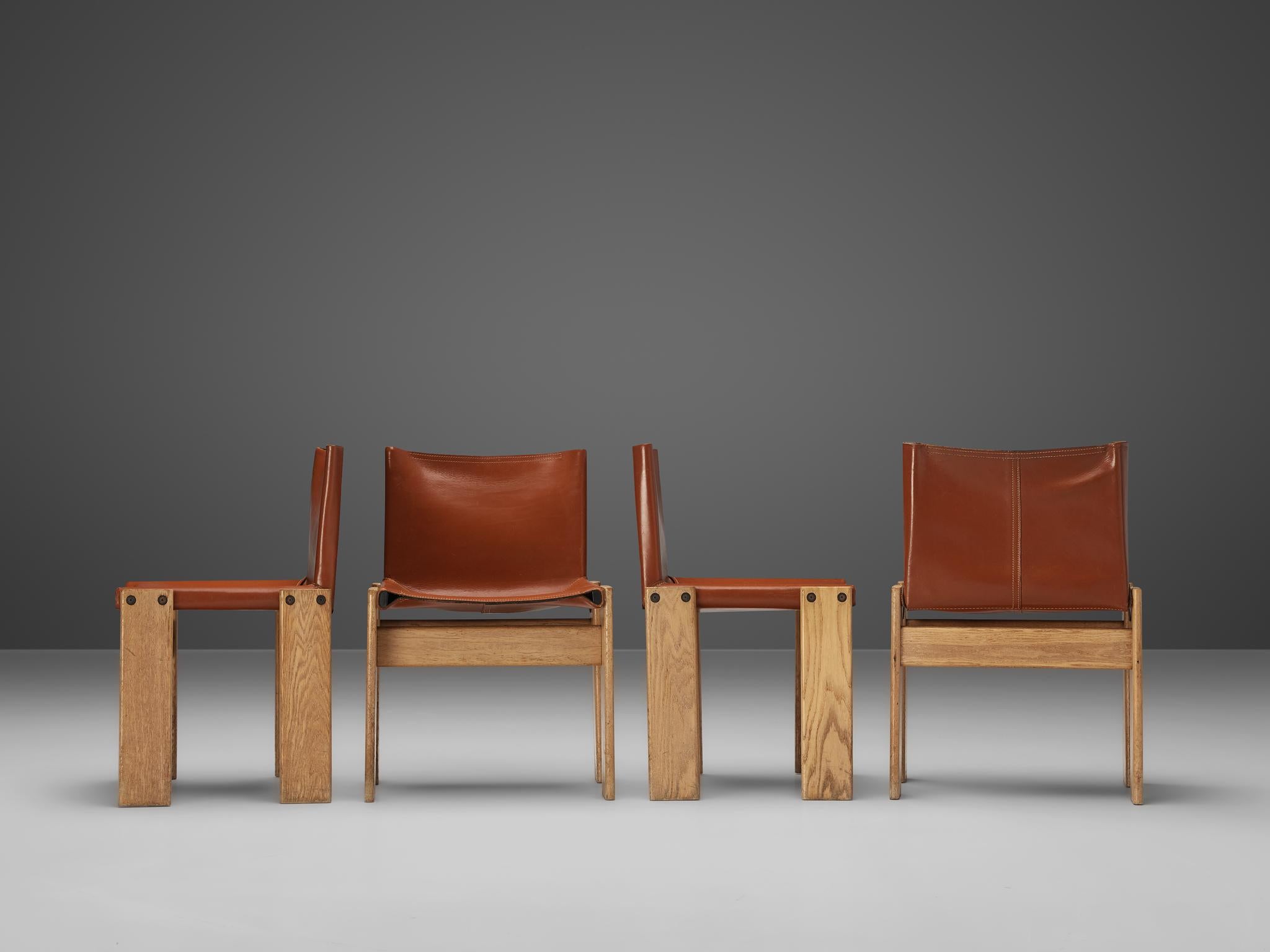 Patinated Afra & Tobia Scarpa Set of Four 'Monk' Dining Chairs in Red Leather and Ash  For Sale