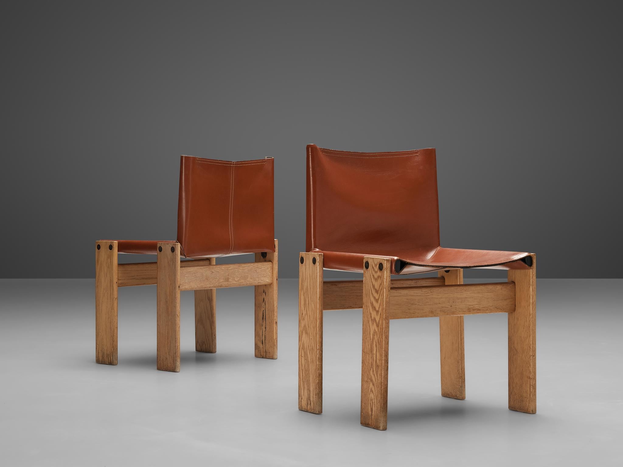 Afra & Tobia Scarpa Set of Four 'Monk' Dining Chairs in Red Leather and Ash  In Good Condition For Sale In Waalwijk, NL