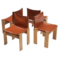 Afra & Tobia Scarpa Set of Four 'Monk' Dining Chairs in Red Leather and Ash 
