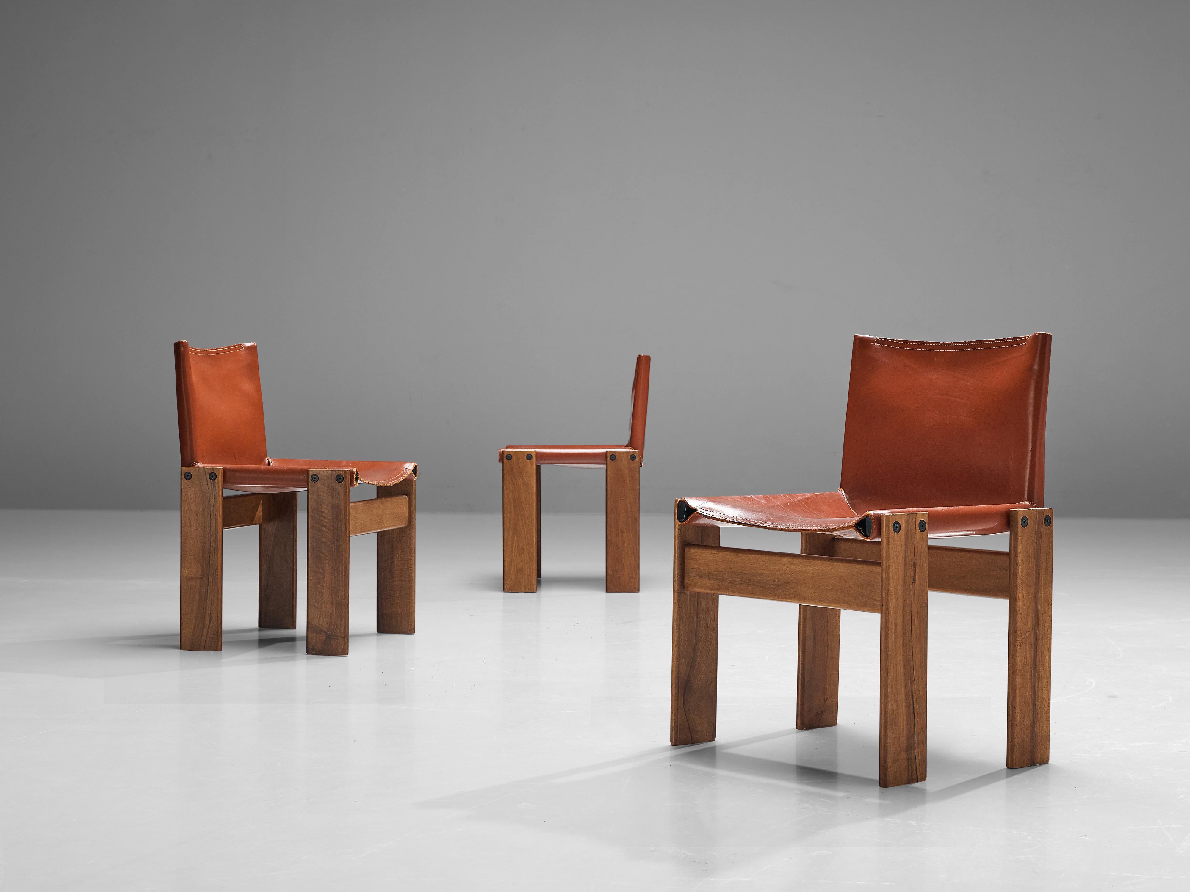 Afra & Tobia Scarpa Set of Four 'Monk' Dining Chairs in Red Leather and Walnut 4