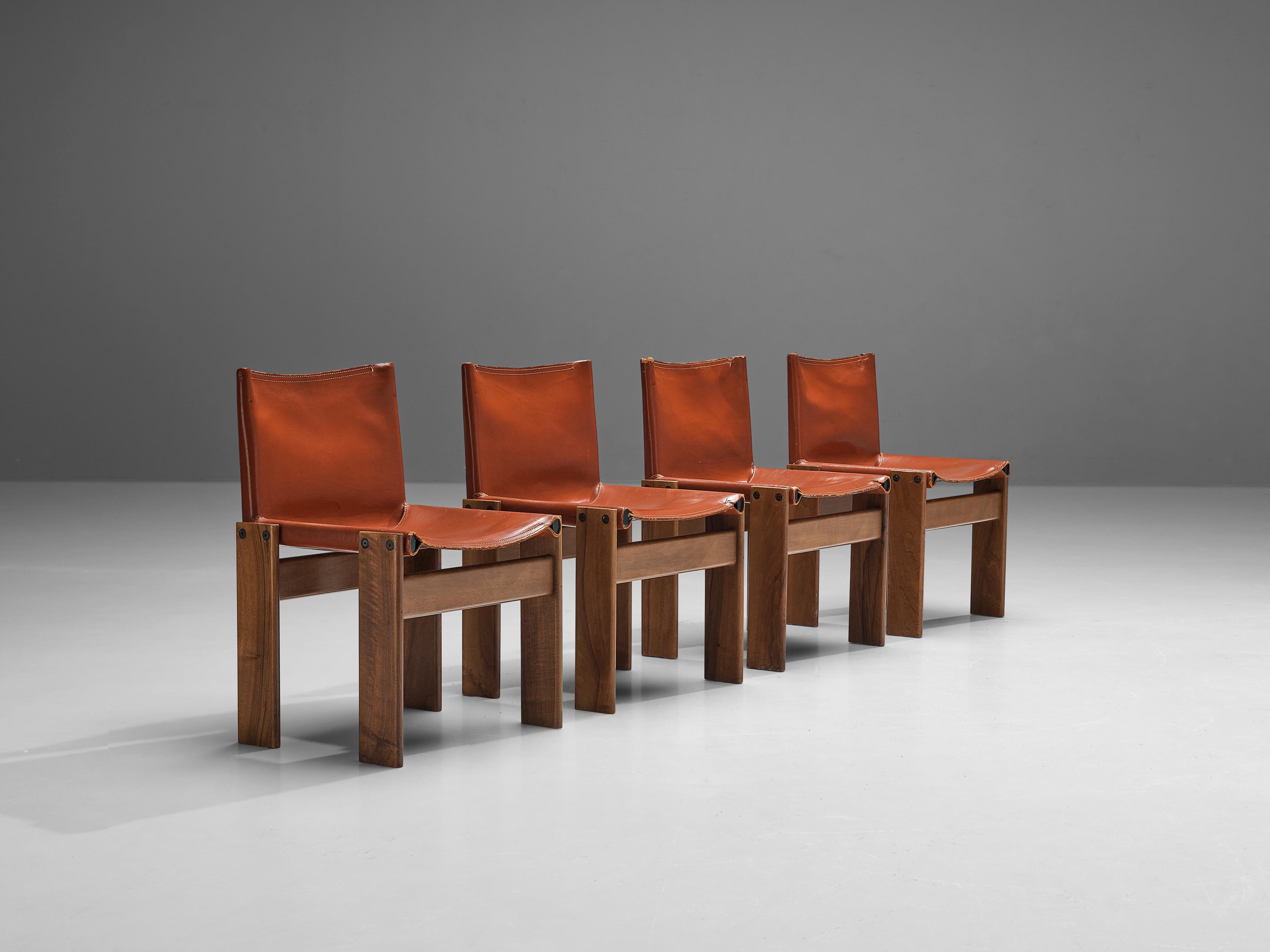 Italian Afra & Tobia Scarpa Set of Four 'Monk' Dining Chairs in Red Leather and Walnut