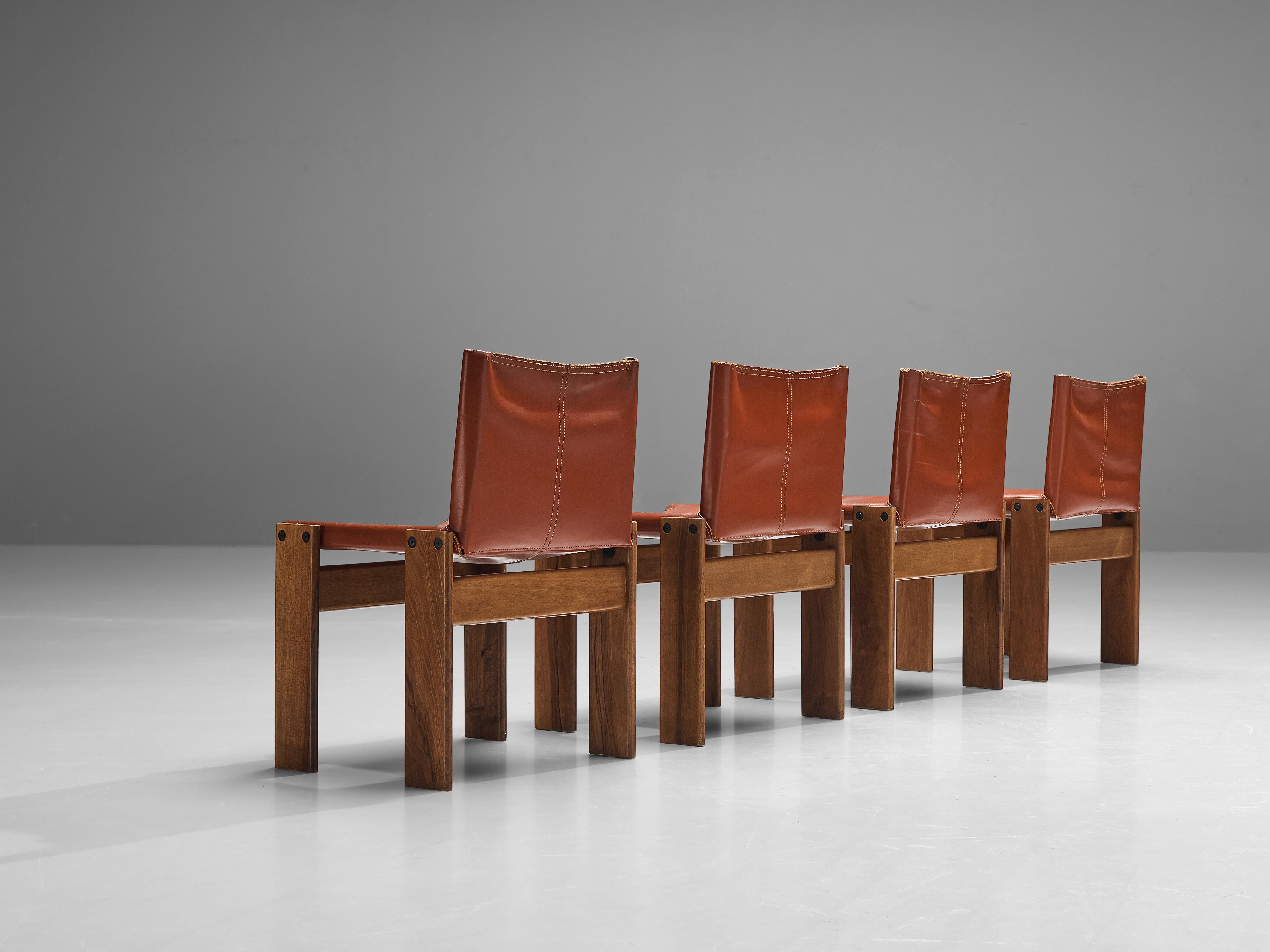 Late 20th Century Afra & Tobia Scarpa Set of Four 'Monk' Dining Chairs in Red Leather and Walnut
