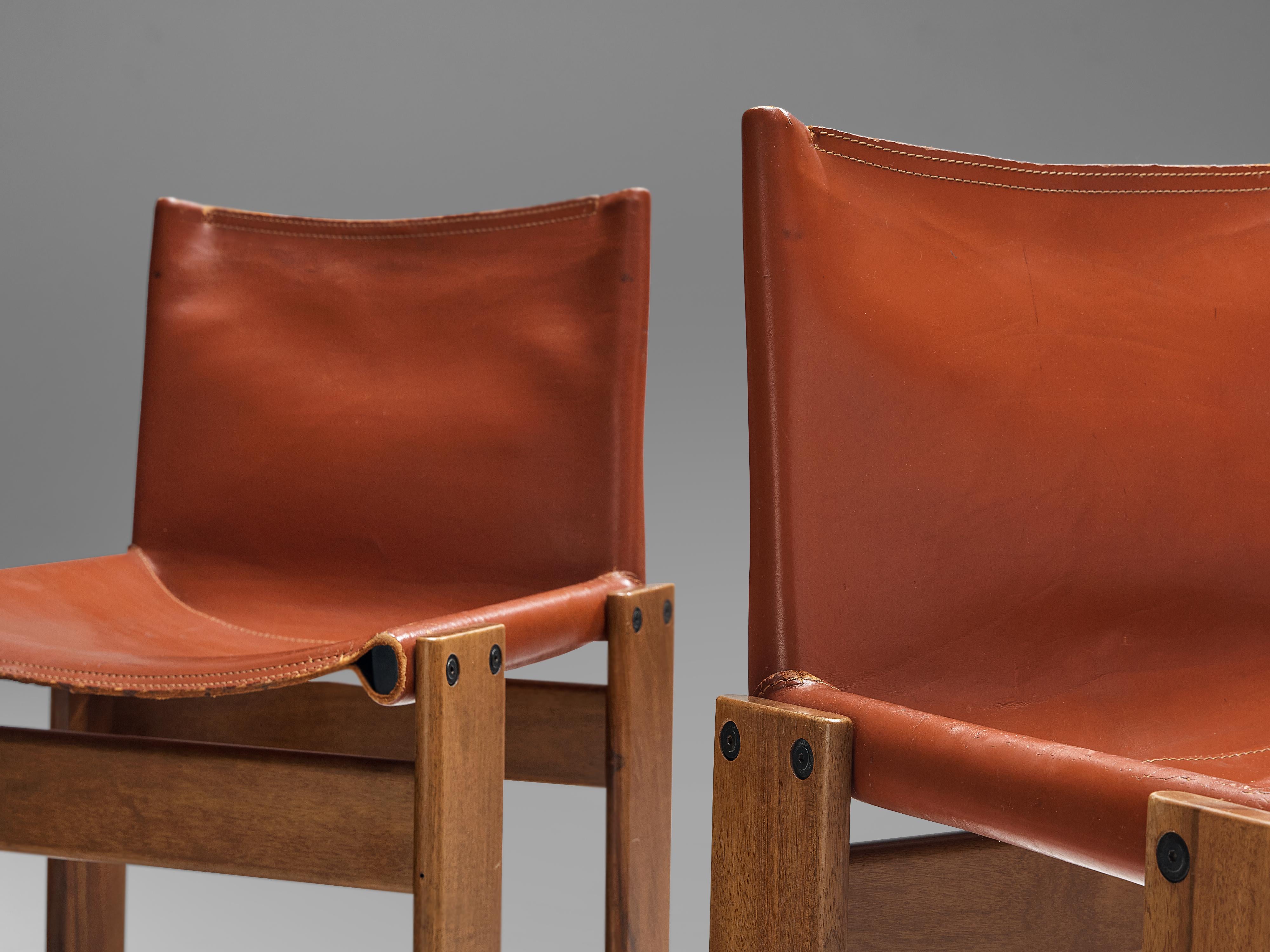Afra & Tobia Scarpa Set of Four 'Monk' Dining Chairs in Red Leather and Walnut 1