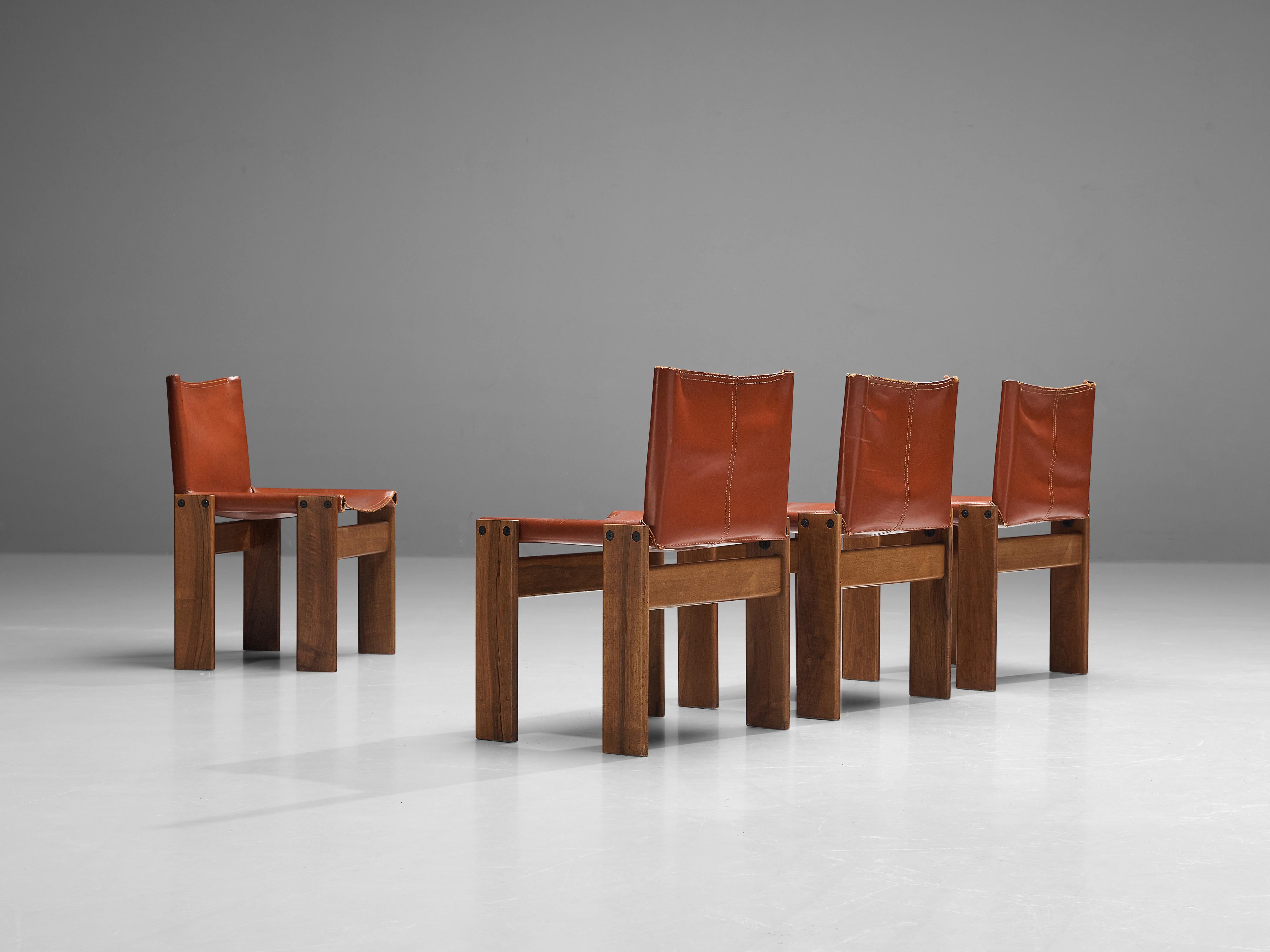 Afra & Tobia Scarpa Set of Four 'Monk' Dining Chairs in Red Leather and Walnut 2