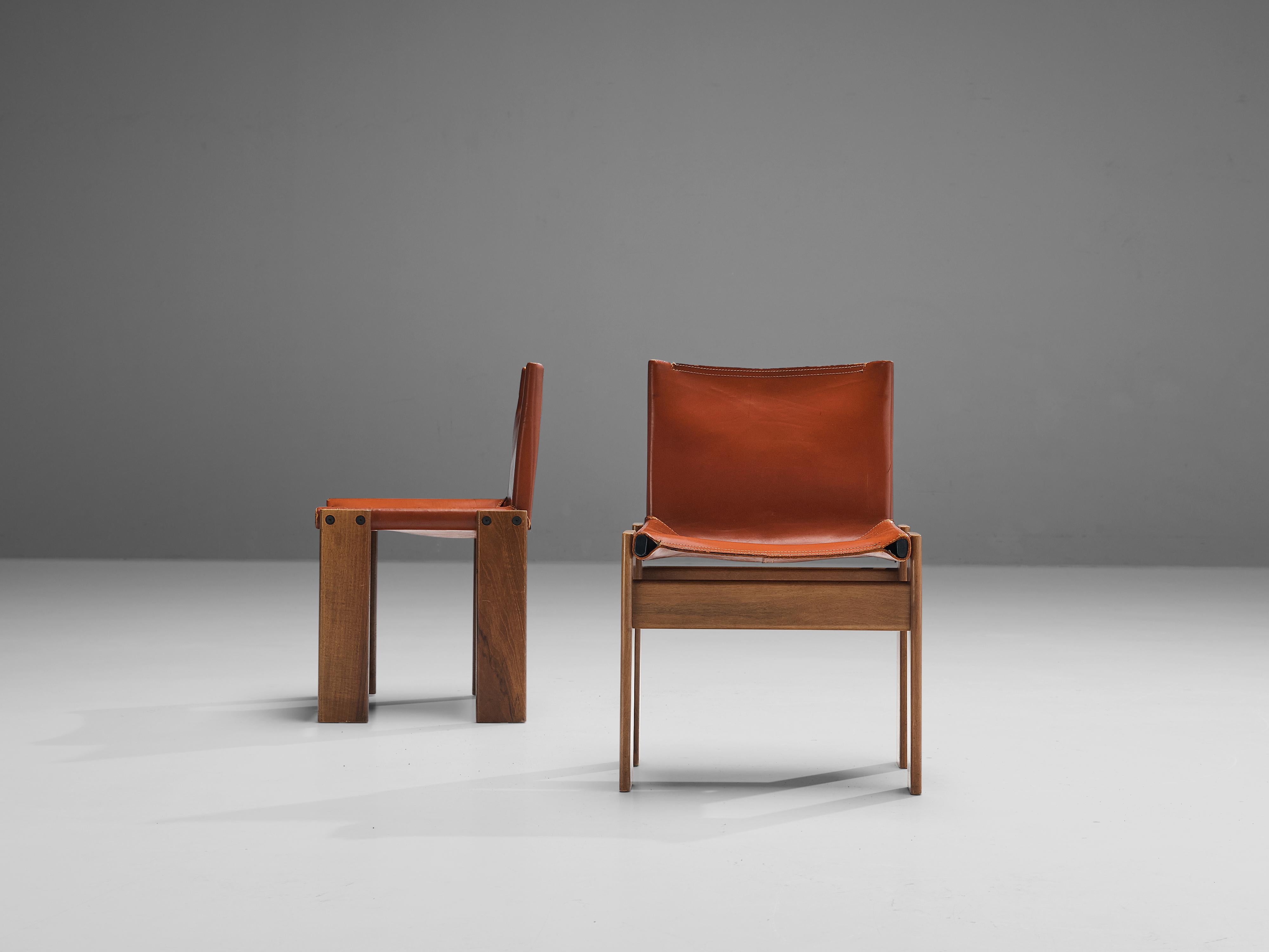 Afra & Tobia Scarpa Set of Four 'Monk' Dining Chairs in Red Leather and Walnut 3