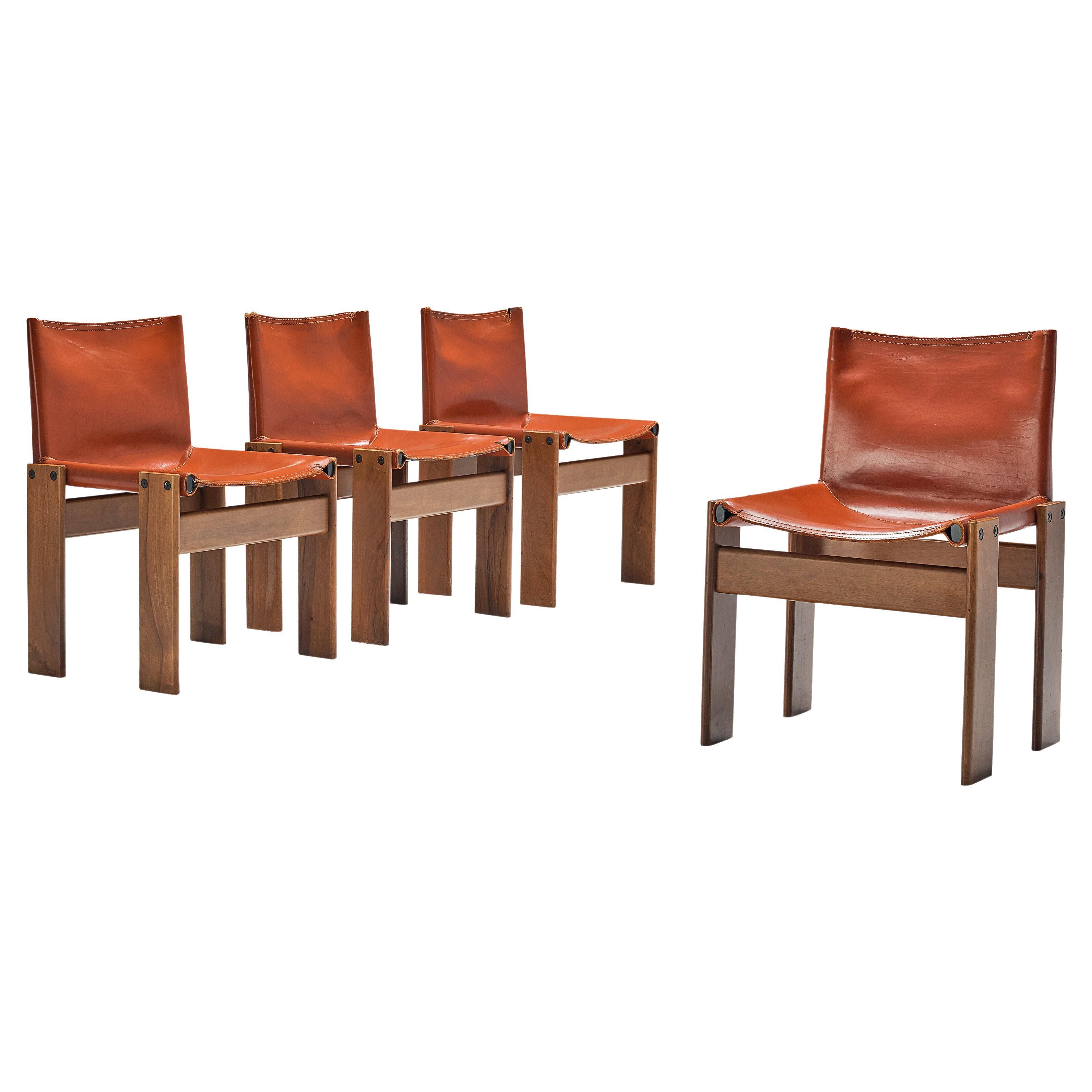 Afra & Tobia Scarpa Set of Four 'Monk' Dining Chairs in Red Leather and Walnut